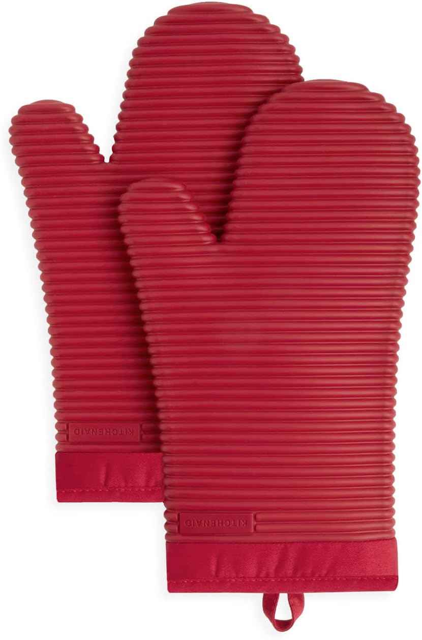 KITCHENAID Ribbed Soft Silicone Oven Mitt 2-Pack Set, 7.5"x13", Milkshake