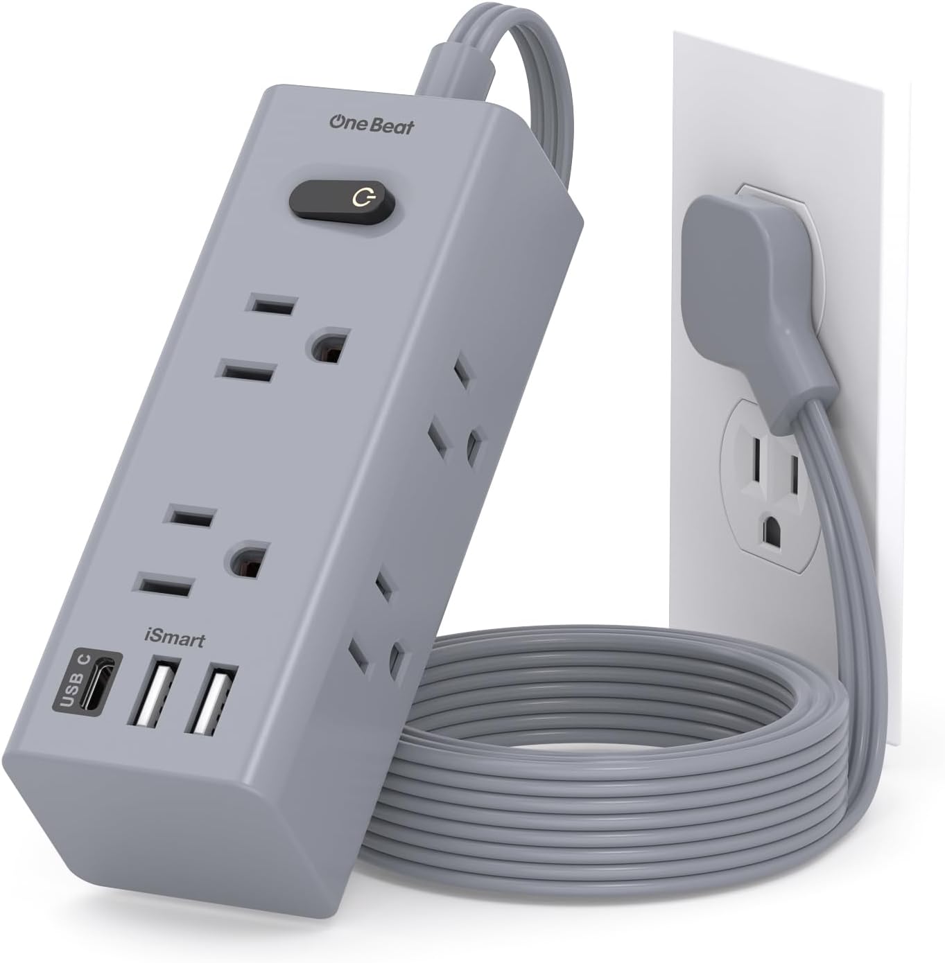 One Beat 10Ft Extension Cord Power Strip – 6 Outlets & 4 USB Ports (2 USB-C), Flat Plug Surge Protector for Home