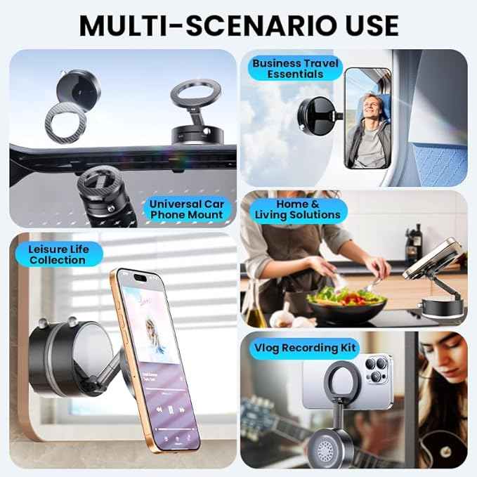 BISART Vacuum Magnetic Car Phone Holder – 360° Rotatable, Reinforced 96LBS Suction Cup Mount Compatible with MagSafe for iPhone & Android, Portable for Car, Gym & Mirror (A7-Black)