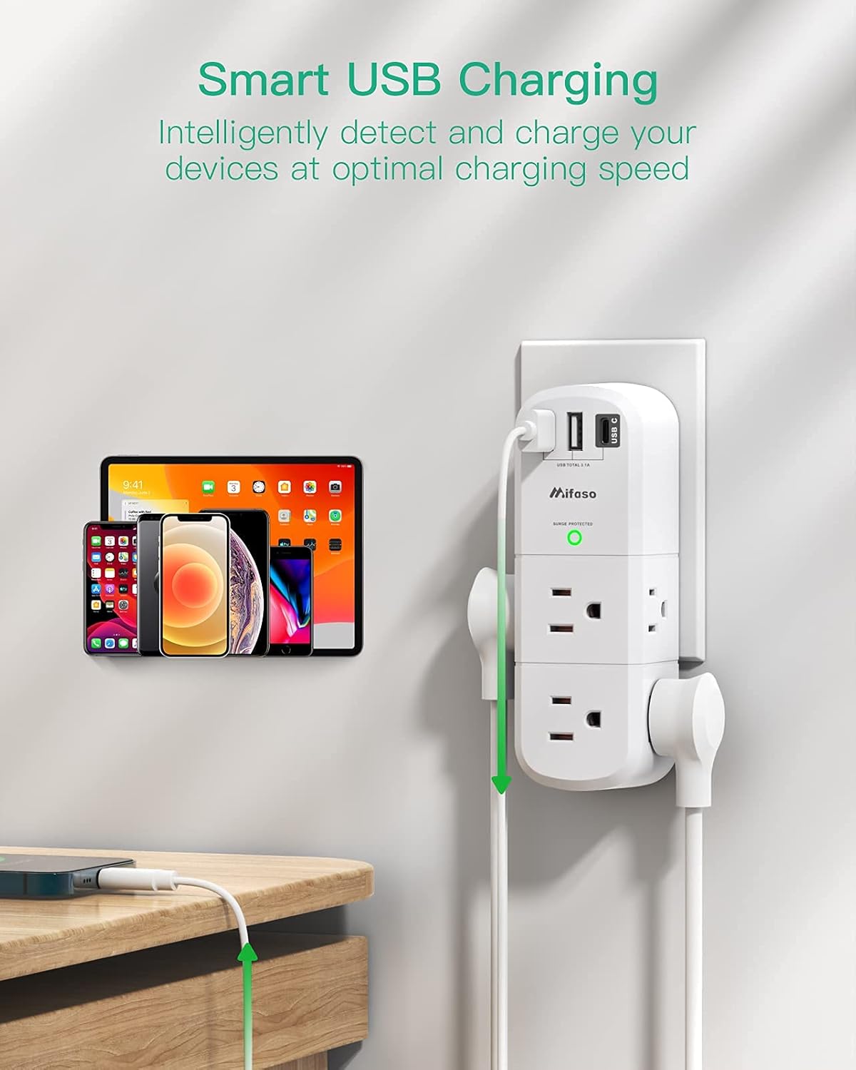 Mifaso Outlet Extender with Rotating Plug – 6 AC Outlets & 3 USB Ports, 1800J Surge Protector 3-Sided Swivel Wall Power Strip for Home & Travel