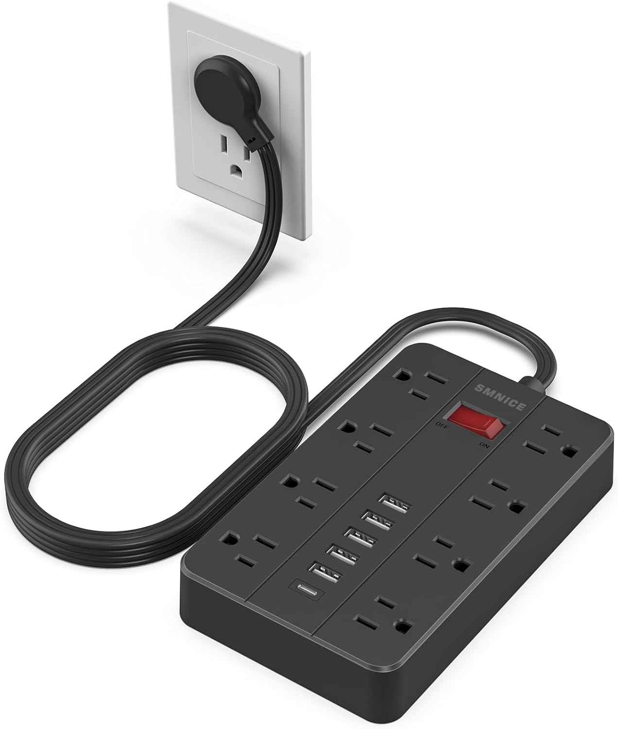 Power Strip with USB,Surge Protector Flat Plug with 8 Widely Spaced Outlets and 6 USB Ports(1 USB C), 5ft Extension Cord Wall Mountable Phone Tablet Laptop Computer Multiple Devices