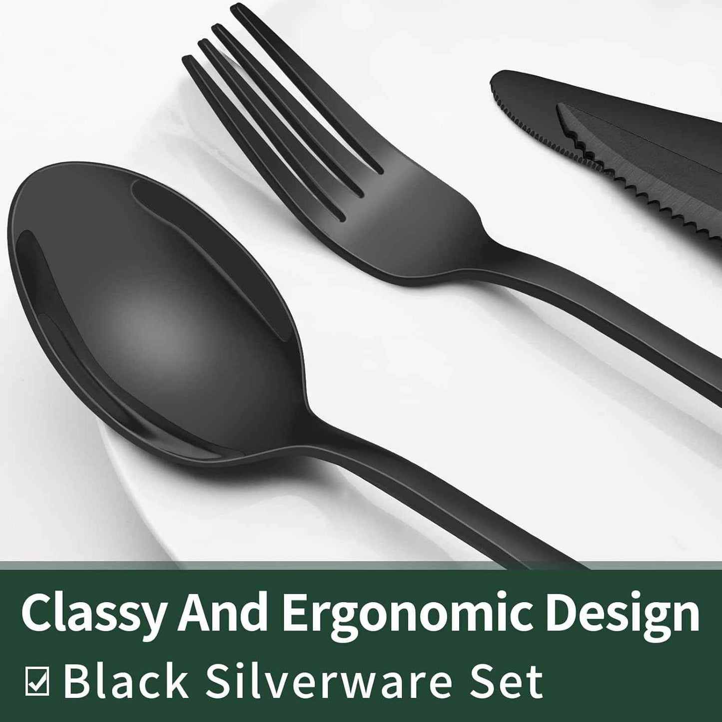 EWFEN 24-Piece Black Silverware Set with Steak Knives, Flatware for 4, Food-Grade Stainless Steel Tableware Cutlery Set, Mirror Finished Utensil Sets Home Restaurant