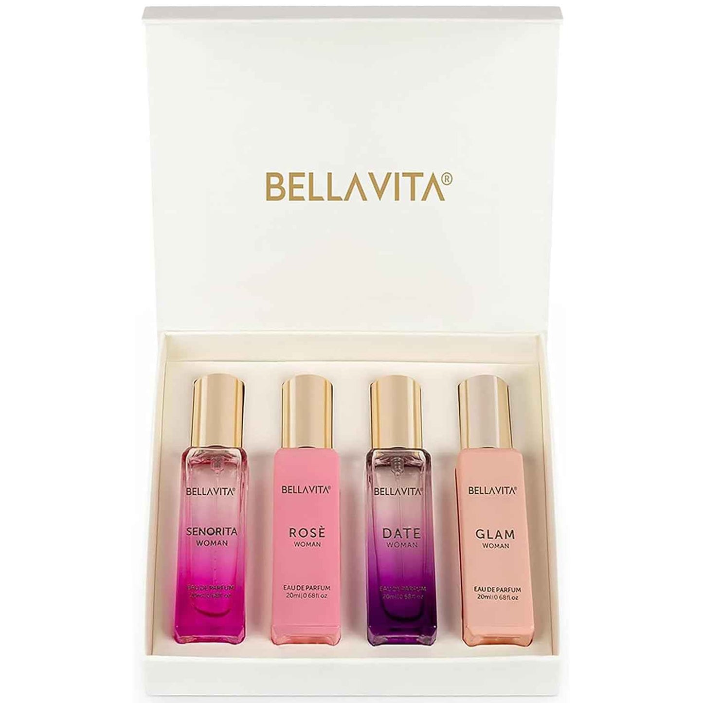 BellaVita Luxury Women's Perfume Gift Set | 4x20ml | Notes of Floral, Sweet, Spicey Red Fruit, Vanilla & Musk | DATE, SENORITA, GLAM & ROSE | French Parfum Collection Gift Set