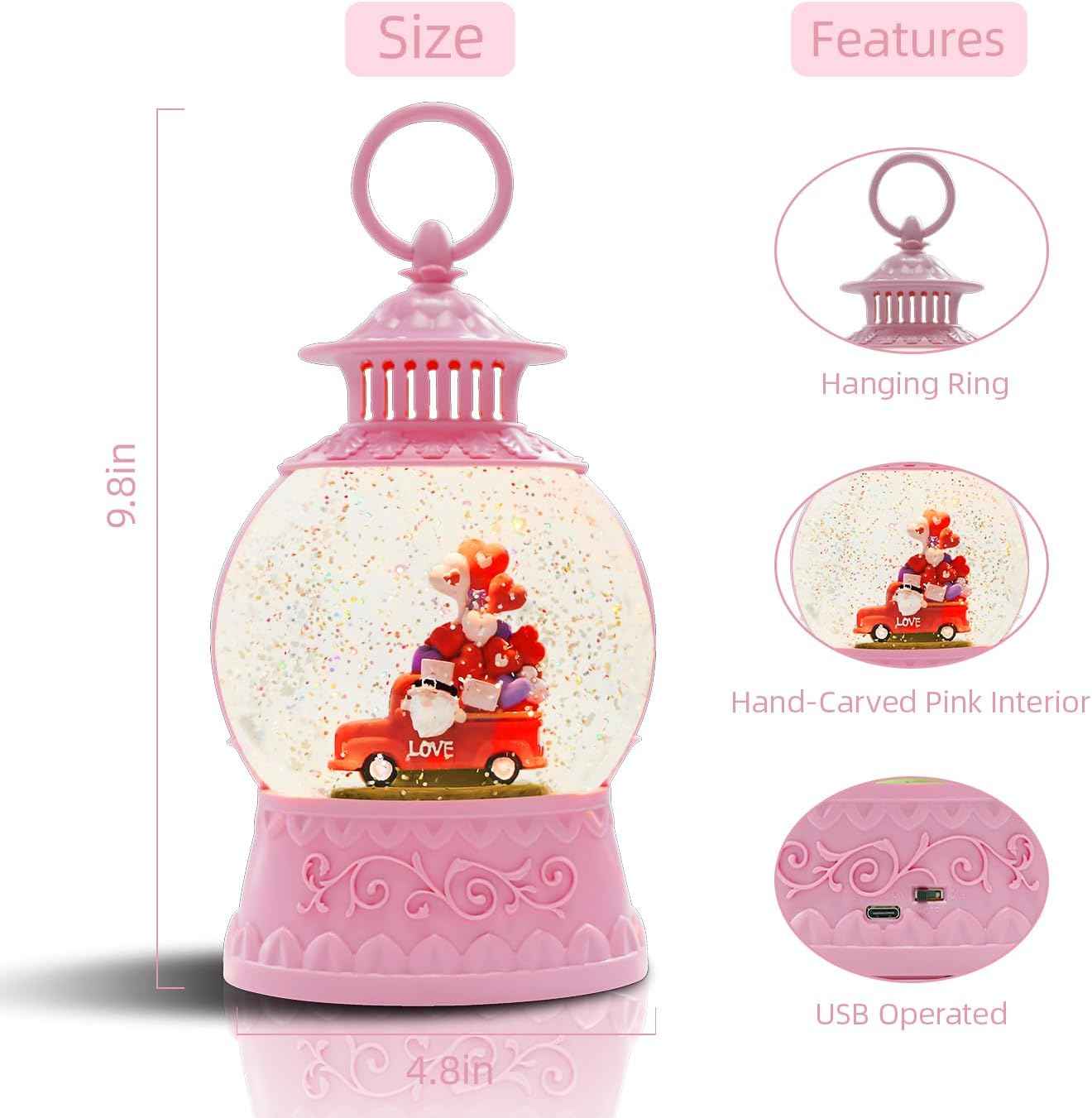 Valentine Day Red Truck Snow Globe Musical Decor,Valentines Day Couple Red Truck Light Up Snow Globe 6H Timer, USB/Battery Operated,Valentines Day Gifts for Her, Teacher, Girls