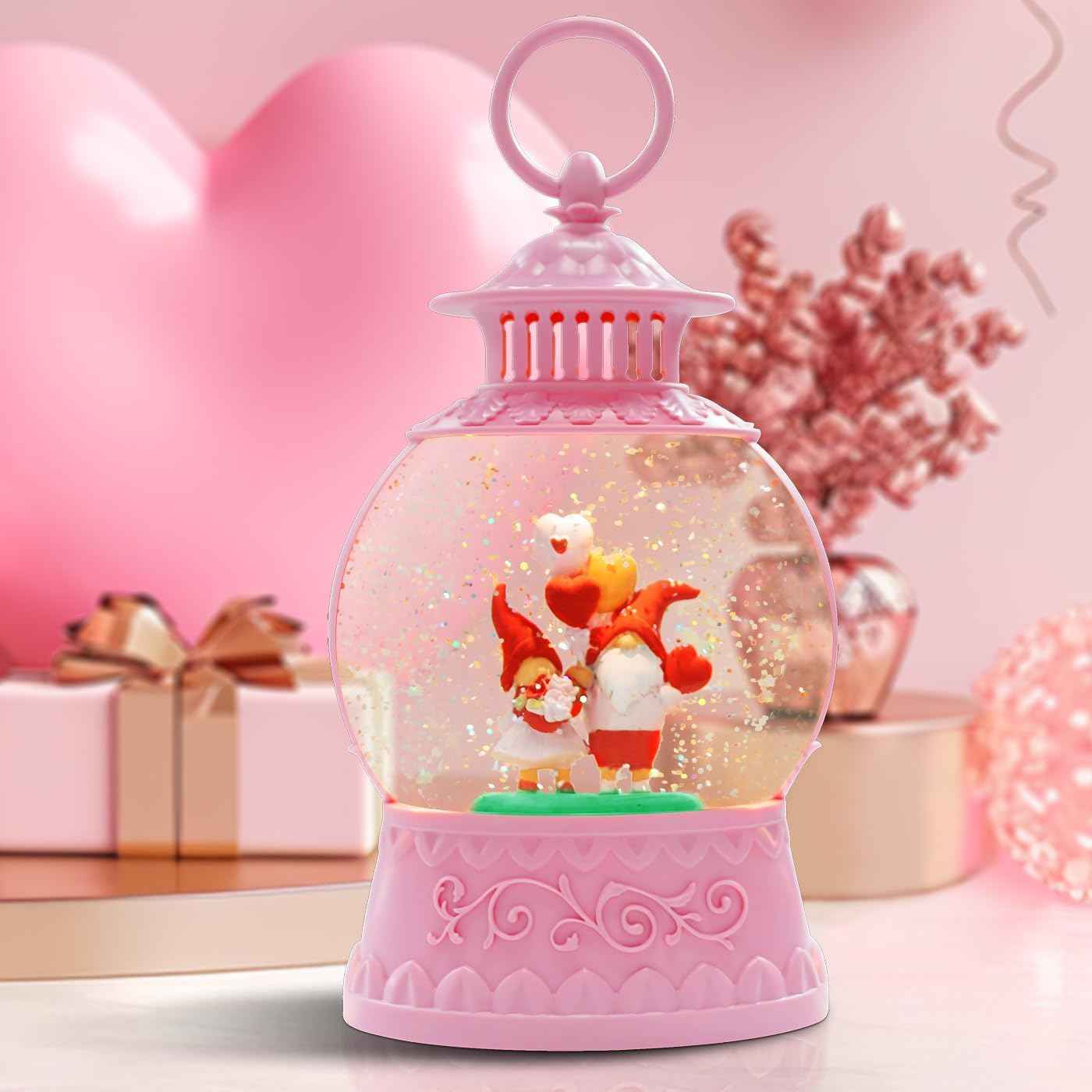 Valentine Day Red Truck Snow Globe Musical Decor,Valentines Day Couple Red Truck Light Up Snow Globe 6H Timer, USB/Battery Operated,Valentines Day Gifts for Her, Teacher, Girls
