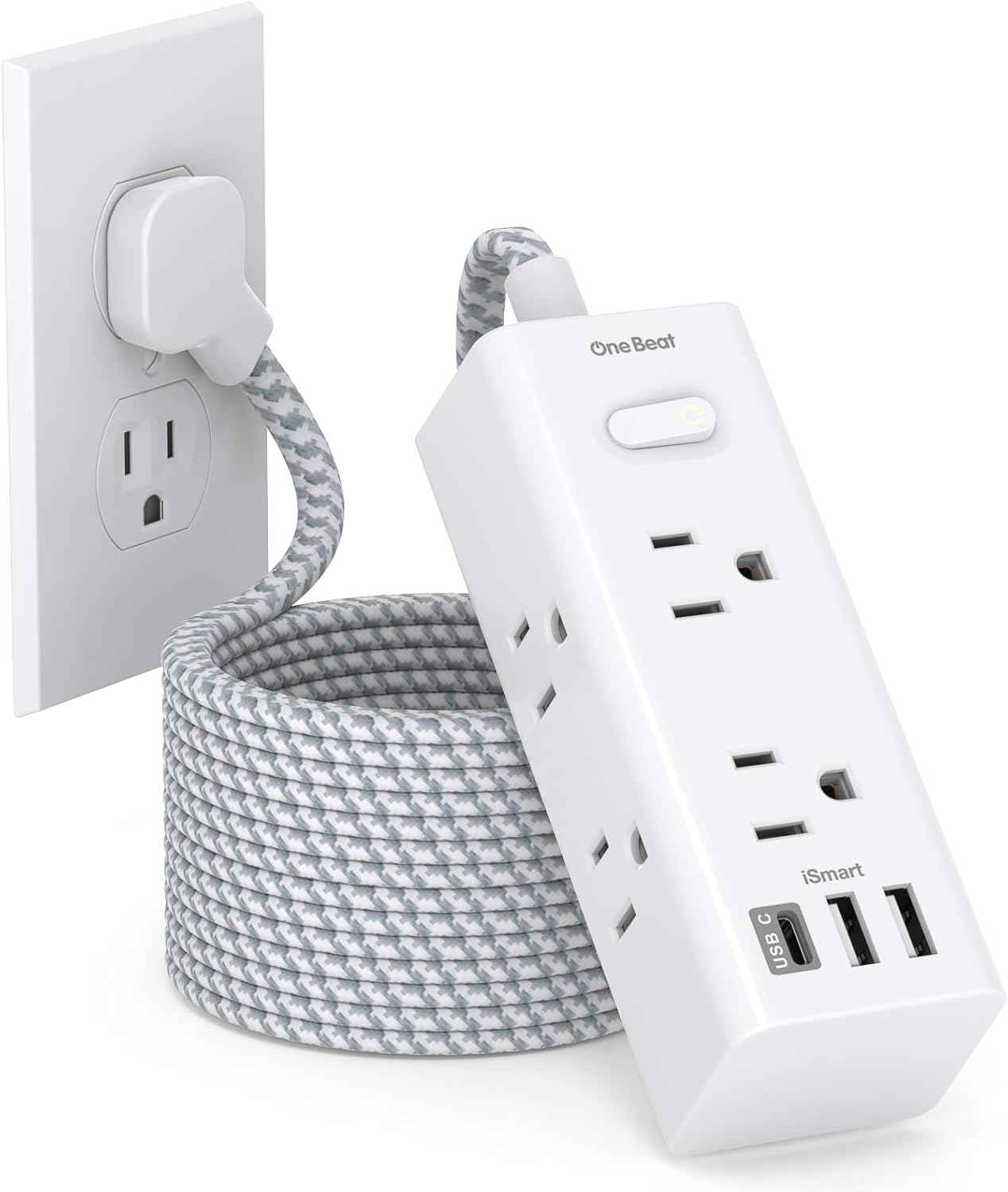 Power Strip Surge Protector - One Beat 6 Widely Outlets with 3 USB Ports (1 USB C), 5 Ft Extension Cord Flat Plug, Wall Mount Outlet Extender Small Power Strip for Travel Home Office College Dorm Room