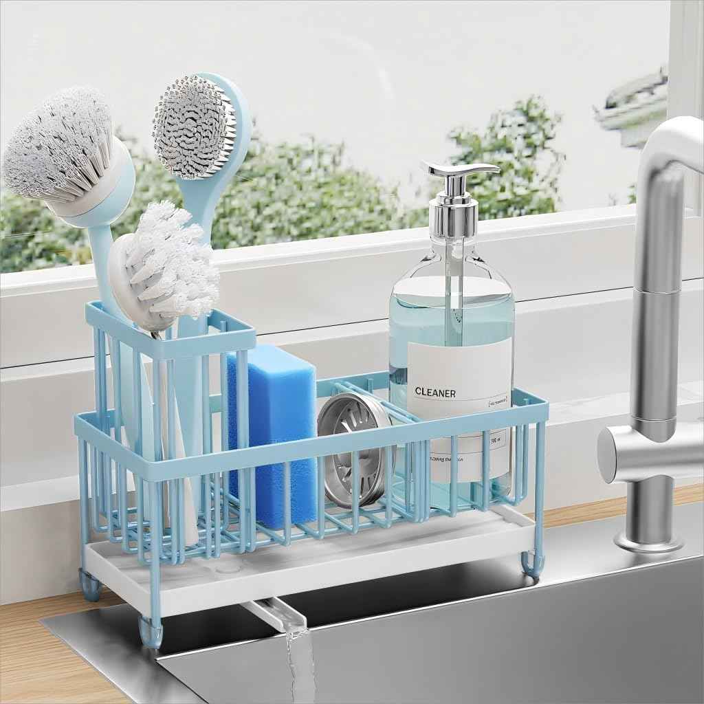 Cisily Silver Sponge Holder for Kitchen Sink, Sink Caddy Organizer with High Brush Holder, Kitchen Countertop Organizers and Storage Essentials, Rustproof 304 Stainless Steel, Soap Dispenser Organize