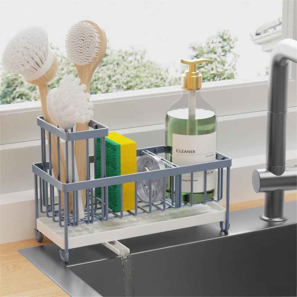 Cisily Silver Sponge Holder for Kitchen Sink, Sink Caddy Organizer with High Brush Holder, Kitchen Countertop Organizers and Storage Essentials, Rustproof 304 Stainless Steel, Soap Dispenser Organize