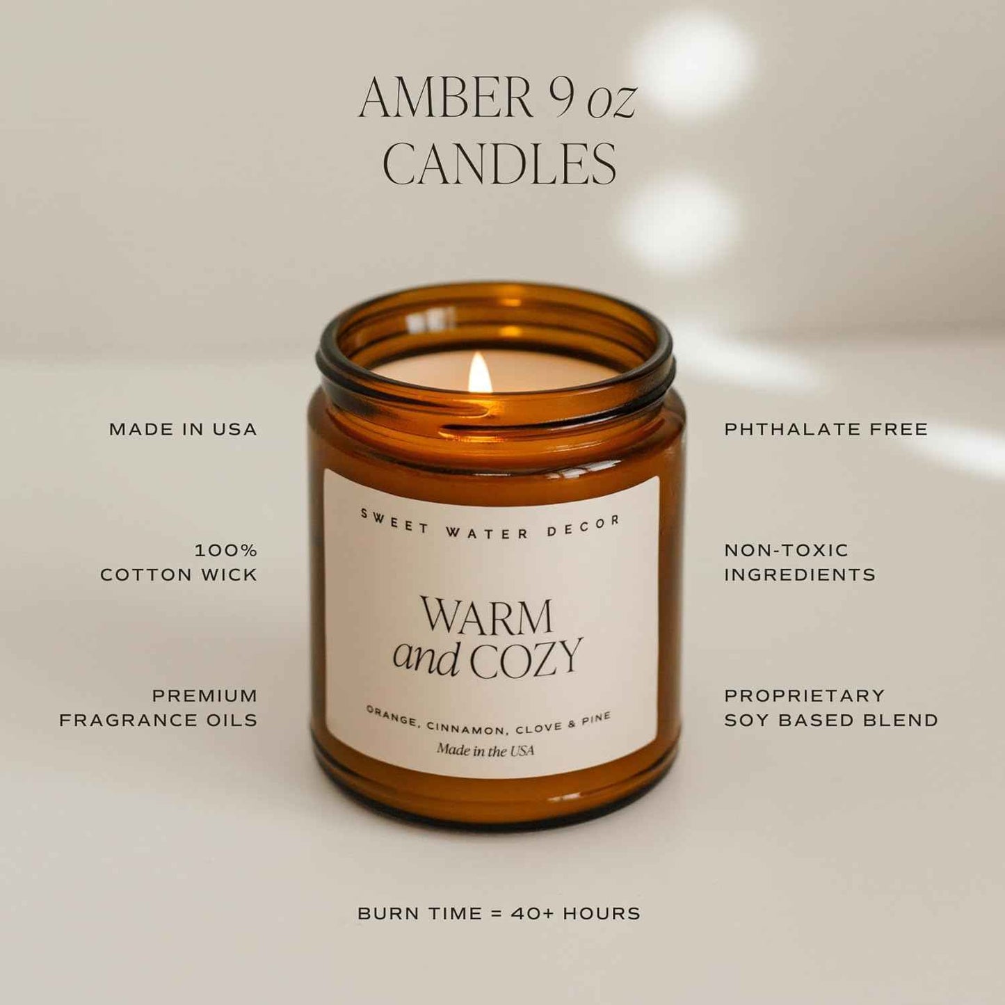 Sweet Water Decor Warm and Cozy Soy Candle - Orange Peel, Cinnamon, Ginger and Clove Scented Candles for Home - 9oz Amber Jar + Black Lid, 40+ Hour Burn Time, Made in The USA