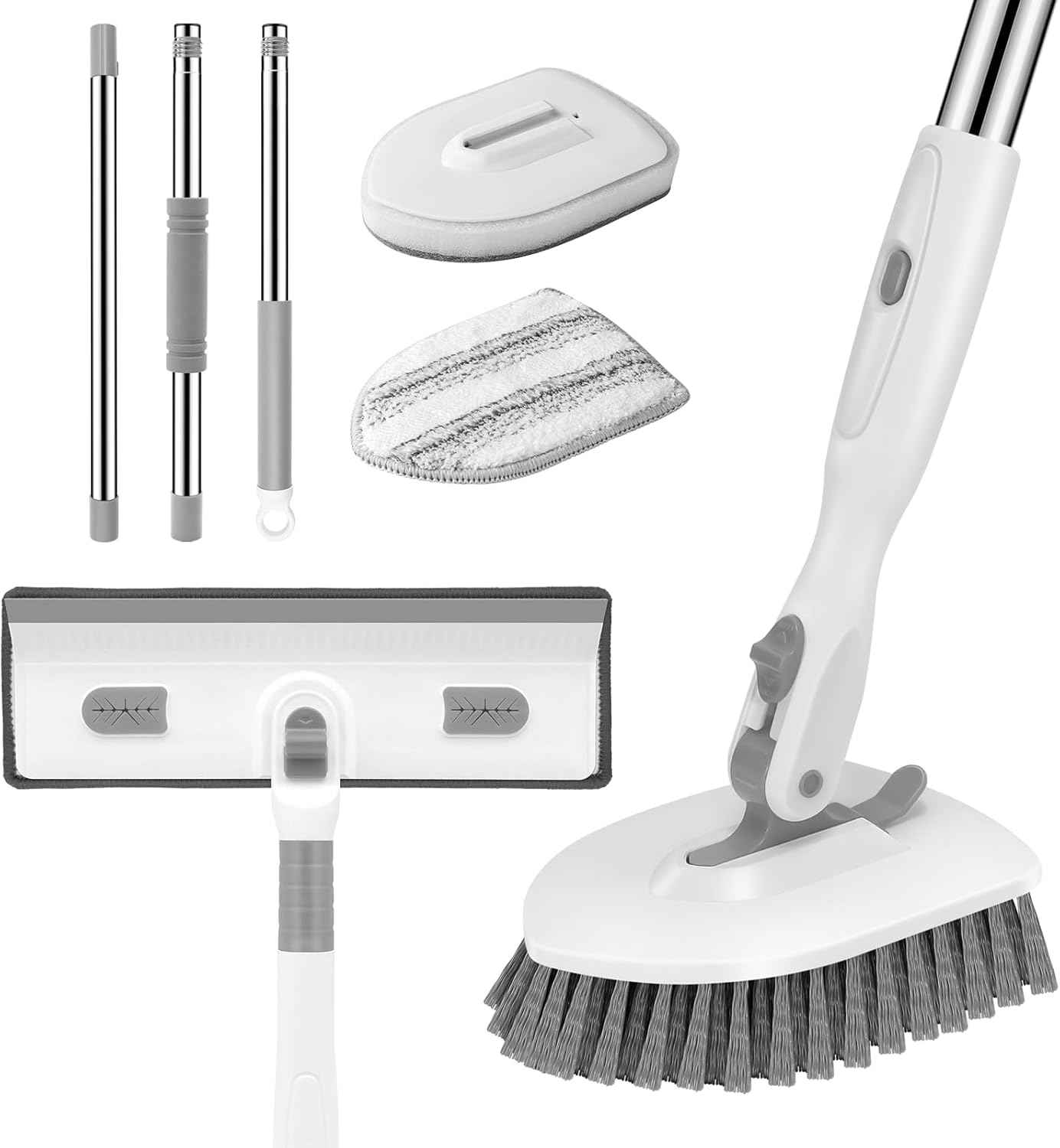 SetSail Floor Scrub Brush, 3-In-1 Tile Tub Floor Scrubber with 52-inch Adjustable Long Handle Shower Cleaner and 3 Detachable Replacement Brush Heads for Cleaning Bathroom Kitchen Walls Tub Tile