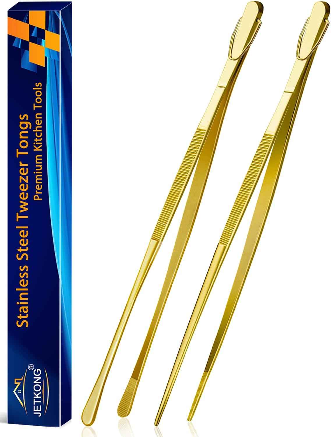 JETKONG 2 Pcs 12-Inch Kitchen Tweezers Fine Tweezer Tongs, Extra-Long Stainless Steel Cooking Tweezers (Silver)