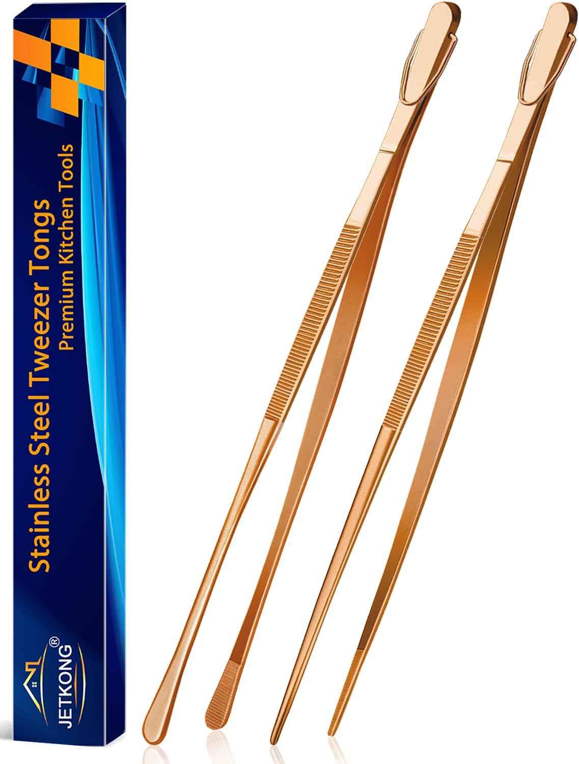 JETKONG 2 Pcs 12-Inch Kitchen Tweezers Fine Tweezer Tongs, Extra-Long Stainless Steel Cooking Tweezers (Silver)