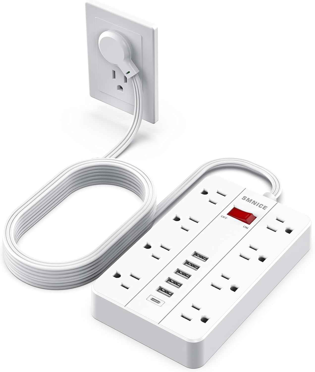 Power Strip with USB,Surge Protector Flat Plug with 8 Widely Spaced Outlets and 6 USB Ports(1 USB C), 5ft Extension Cord Wall Mountable Phone Tablet Laptop Computer Multiple Devices