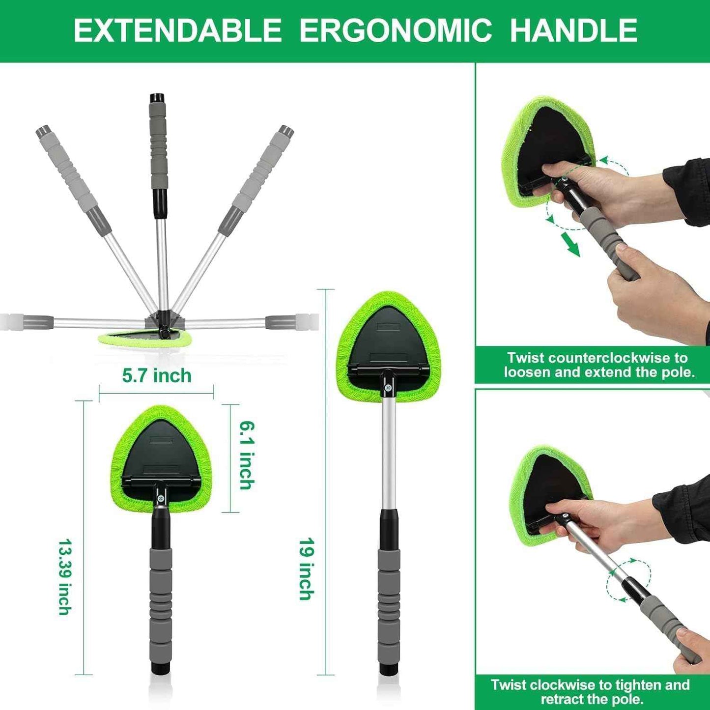 XINDELL Windshield Cleaner Tool – Car Interior Window Cleaning Kit with Extendable Handle & 4 Microfiber Pads, Auto Wiper Inside Windshield Brush for Car & Home Windows