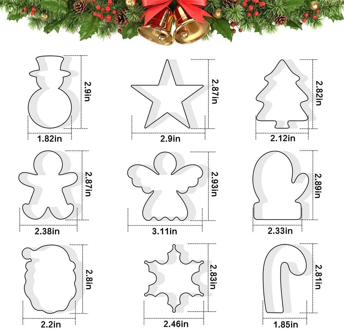 Christmas Cookie Cutters Set of 9 Pieces, Metal Shapes for Winter Holiday: Christmas Tree, Snowflake, Gingerbread Men, Angel, Star, Mitten, Candy Cane, Snowman