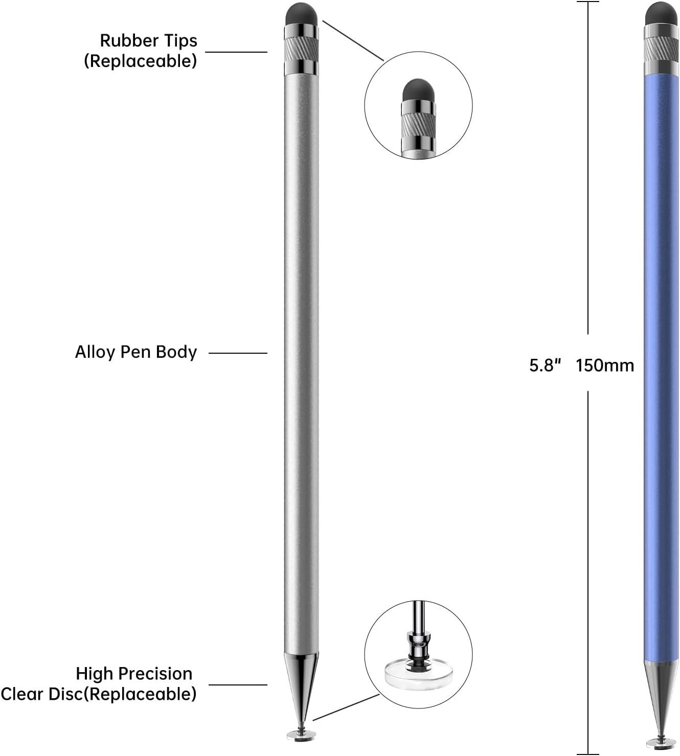 Bopomofo Stylus (5 Pcs), 2-in-1 Stylus Pen for Touch Screen, High Precision and Sensitivity, Suitable for iPhone/ipad/Android Tablets, Compatible with Touch Screens (Black/White/Blue/Rose Gold/Silver)