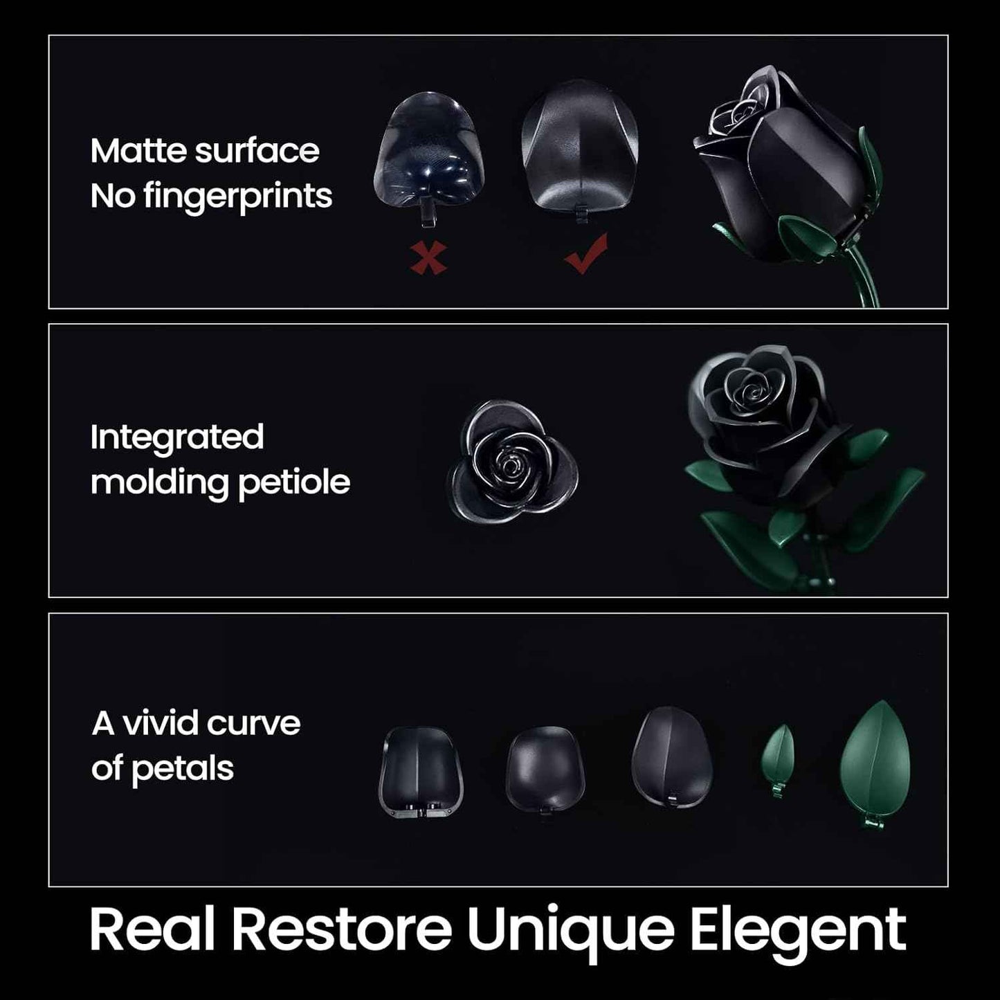 iATOM Black Roses Flower Building Set - 3Pack, Gift for Valentine's Day for Her/Mom/Girlfriend/Wife/Couple, Gothic Romantic Emo Horror Retro Artificial Flowers Botanical Collection Home Decor