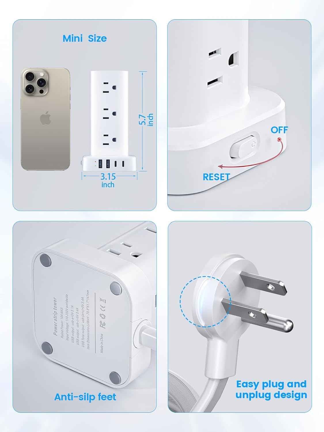 Tower Power Strips with Surge Protection, 6FT Flat Extension Cord with Multiple Outlets, 12 AC 4 USB Ports, Overload Protection Charging Station for Office Home Dorm Room Travel (White)