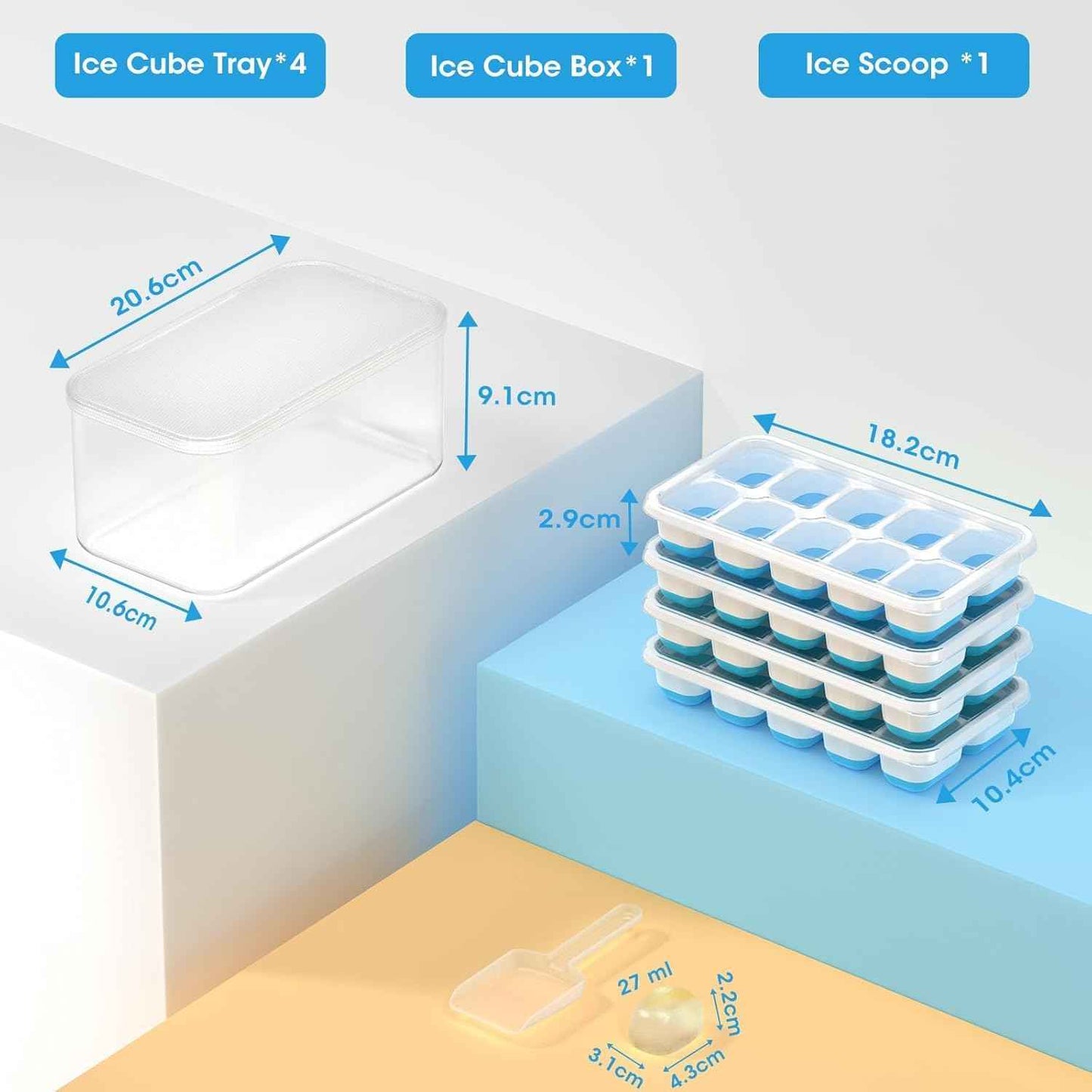 DOQAUS Ice Cube Tray with Lid and Bin, 4 Pack Silicone Plastic Ice Cubes Trays for Freezer with Box/Container, Stackable with Storage Iced Bucket Kits, Scoop, for RV, Soup, Food, Cocktail, Coffee