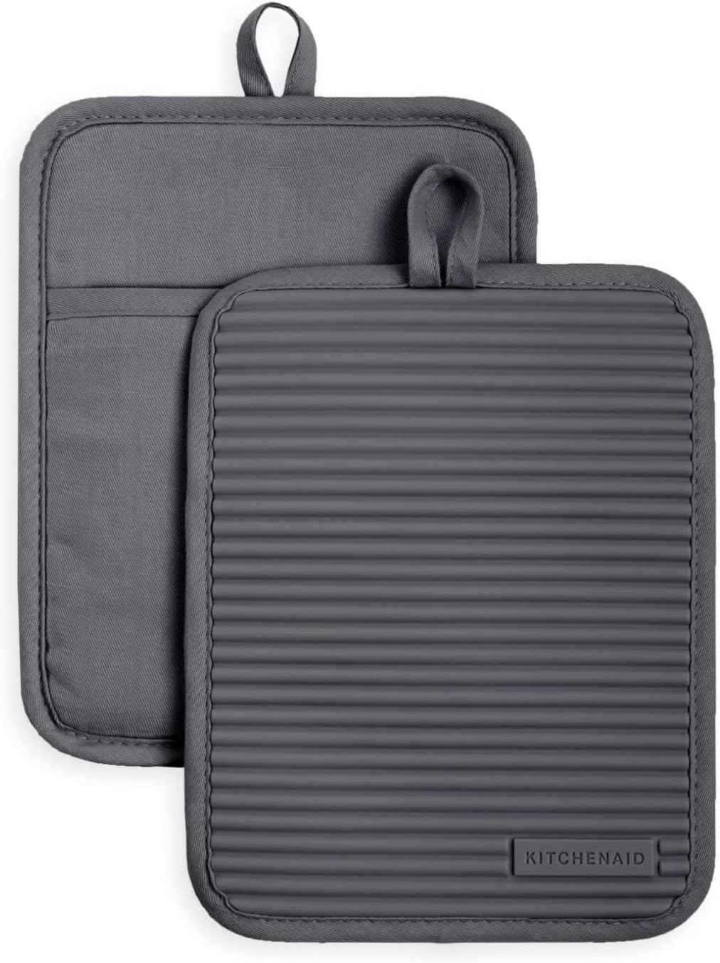 KITCHENAID Ribbed Soft Silicone Pot Holder 2-Pack Set, Matte Black, 7"x9"