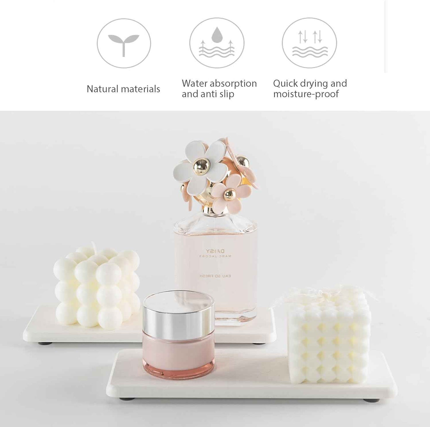 2 Pcs Water Absorbing Stone Trays, Kitchen/Bathroom Sink Soap Dish, Diatomite Tray Used for Hand Soap & Cosmetic Bottles in The Modern Home, 3.15" W x 8.7" L, White