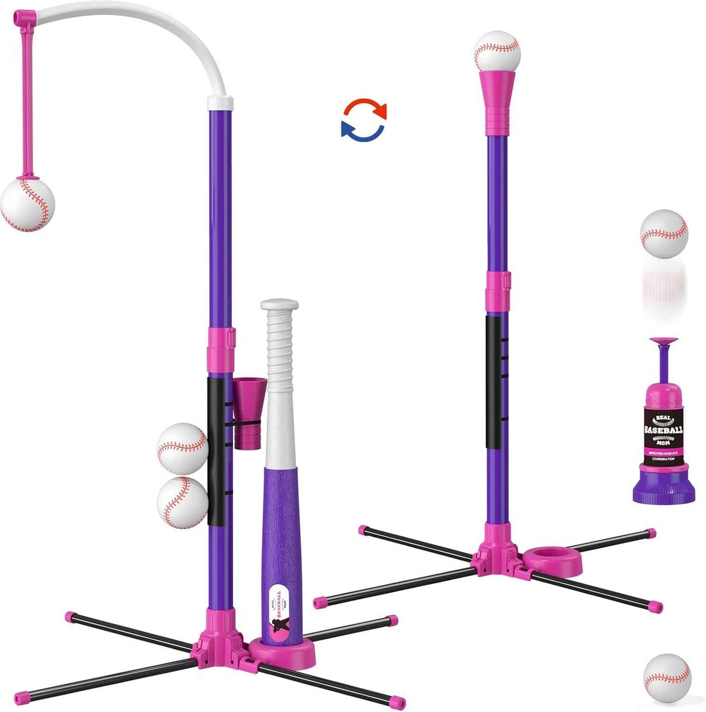 3-in-1 Baseball Set for Kids 3-5 - Tee Ball Stand, Hanging Tee, Ball Launcher and 6 Softballs - Adjustable Height, Indoor/Outdoor Sport Gifts for Boys Girls, Blue