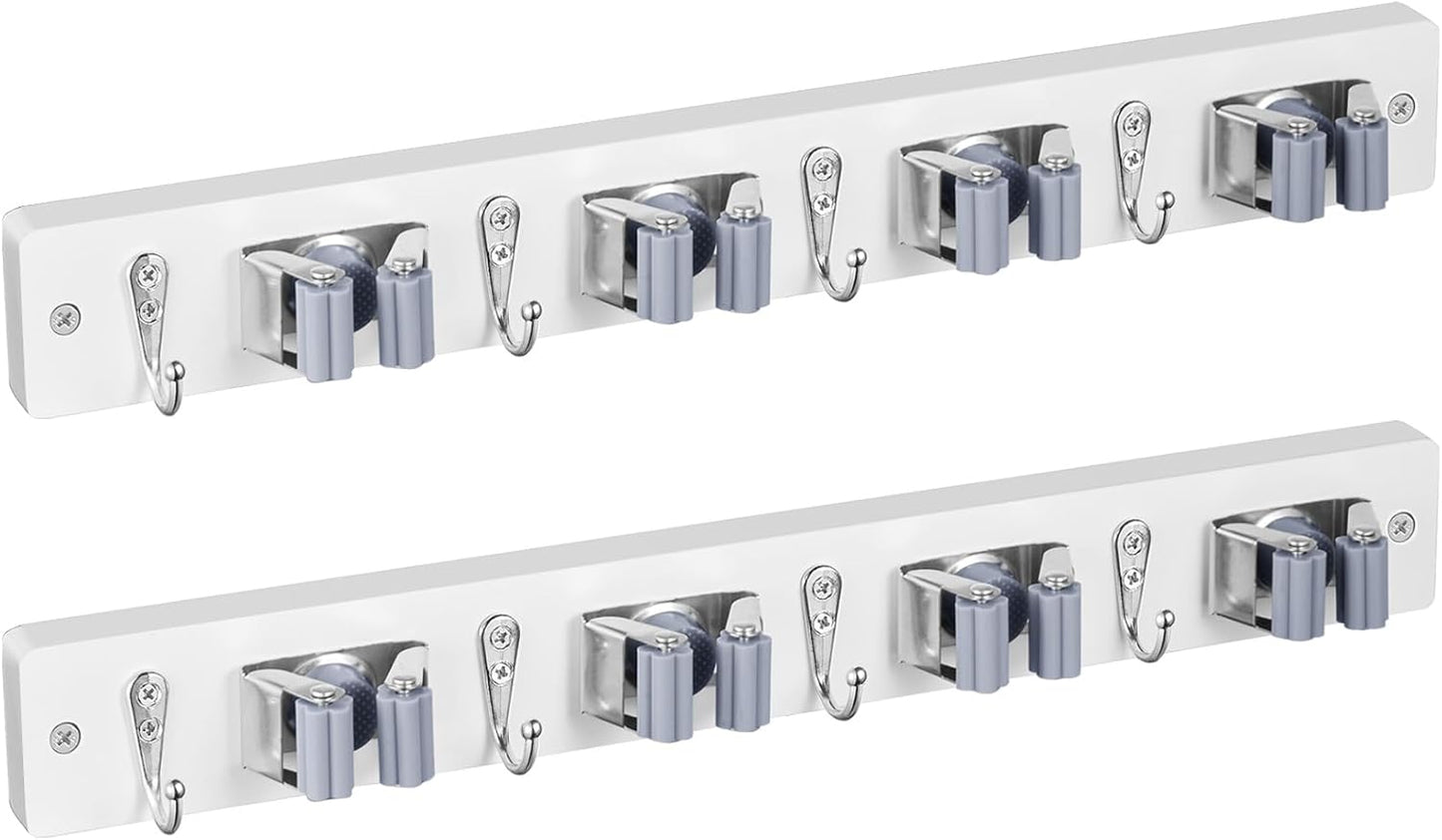 Mop and Broom Holder Wall Mount - Rustic Wood Broom Mop Hanger - Wall Mounted Garden Tool Rack Organizer for Closet Garage Laundry Room Kitchen Decor With 4 Slots & 4 Hooks - Rayz Mart