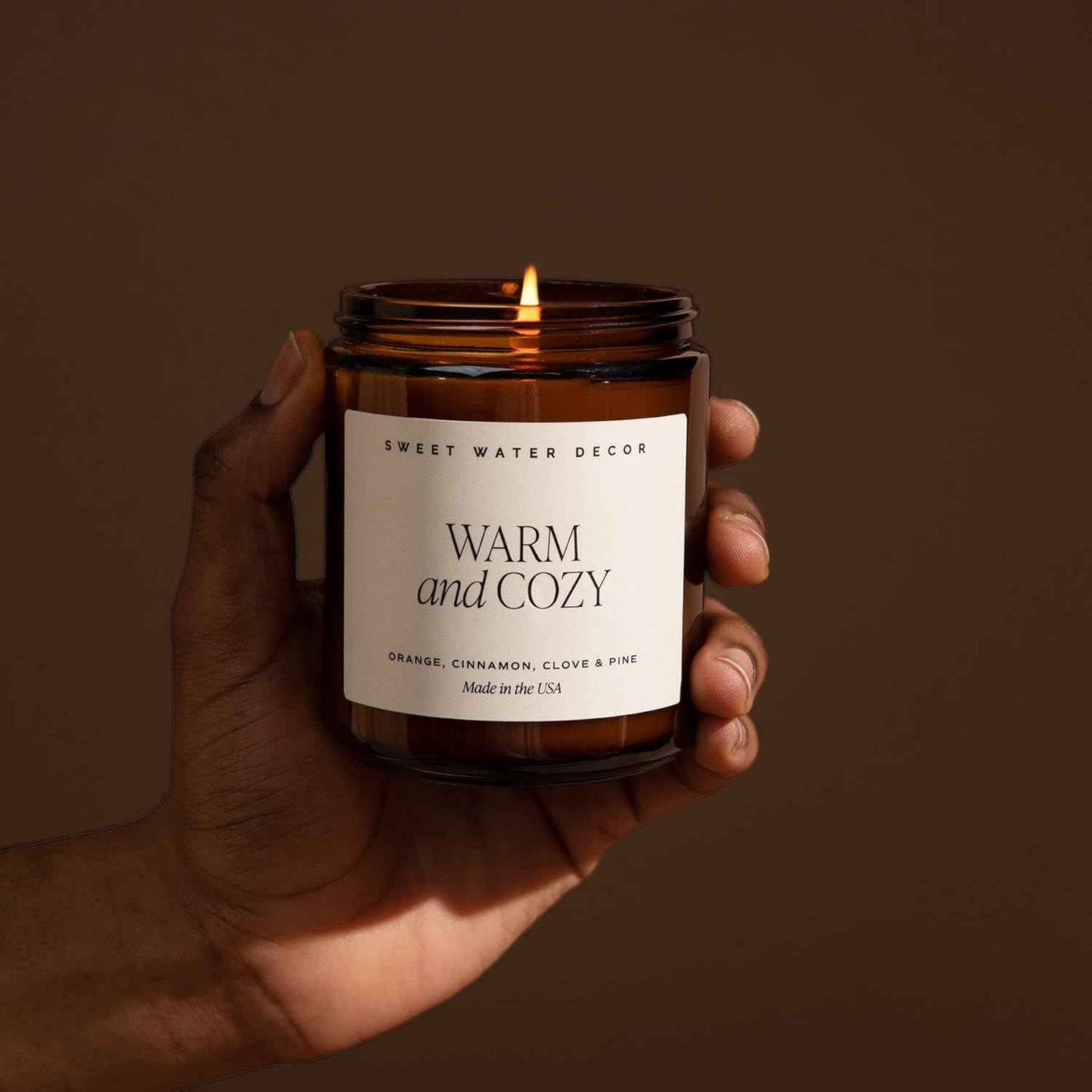 Sweet Water Decor Warm and Cozy Soy Candle - Orange Peel, Cinnamon, Ginger and Clove Scented Candles for Home - 9oz Amber Jar + Black Lid, 40+ Hour Burn Time, Made in The USA