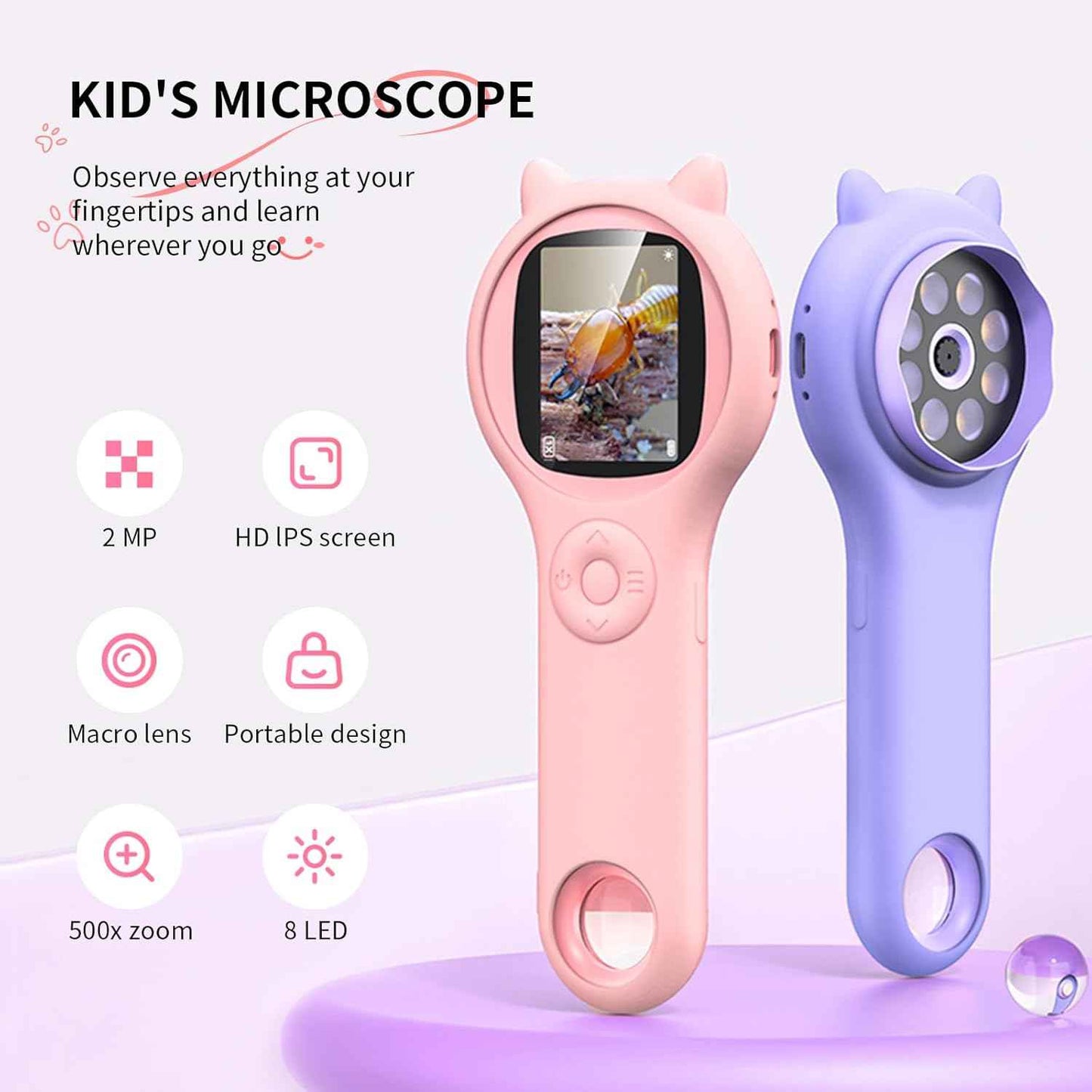 Microscope for Kids - Mini Pocket Handheld Microscope for Toddlers-STEM Educational Science Kit Toys for Christmas Birthday Gifts Toys for 5 6 7 8 9 10 11 12 Year Old GirlsοΌPurpleοΌ