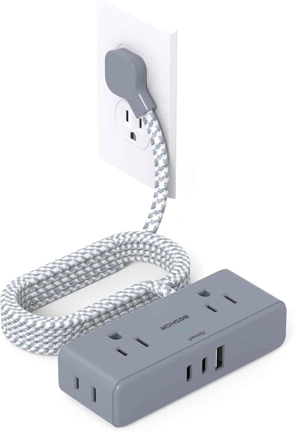 Flat Extension Cord 6 feet, Flat Plug Power Strip, 4 Widely Outlets with 3 USB Ports (2 USB C), 3 Side Outlet Extender with Extension Cord with Multiple Outlets for Home, Office, Dorm Room Essentials