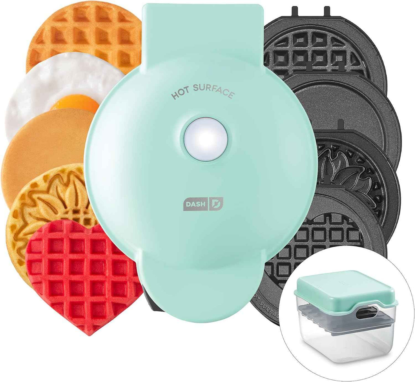 DASH Multimaker Mini System with 6 Removable Plates and Storage Case 4-in-1 Waffle and Griddle Maker in Aqua Color
