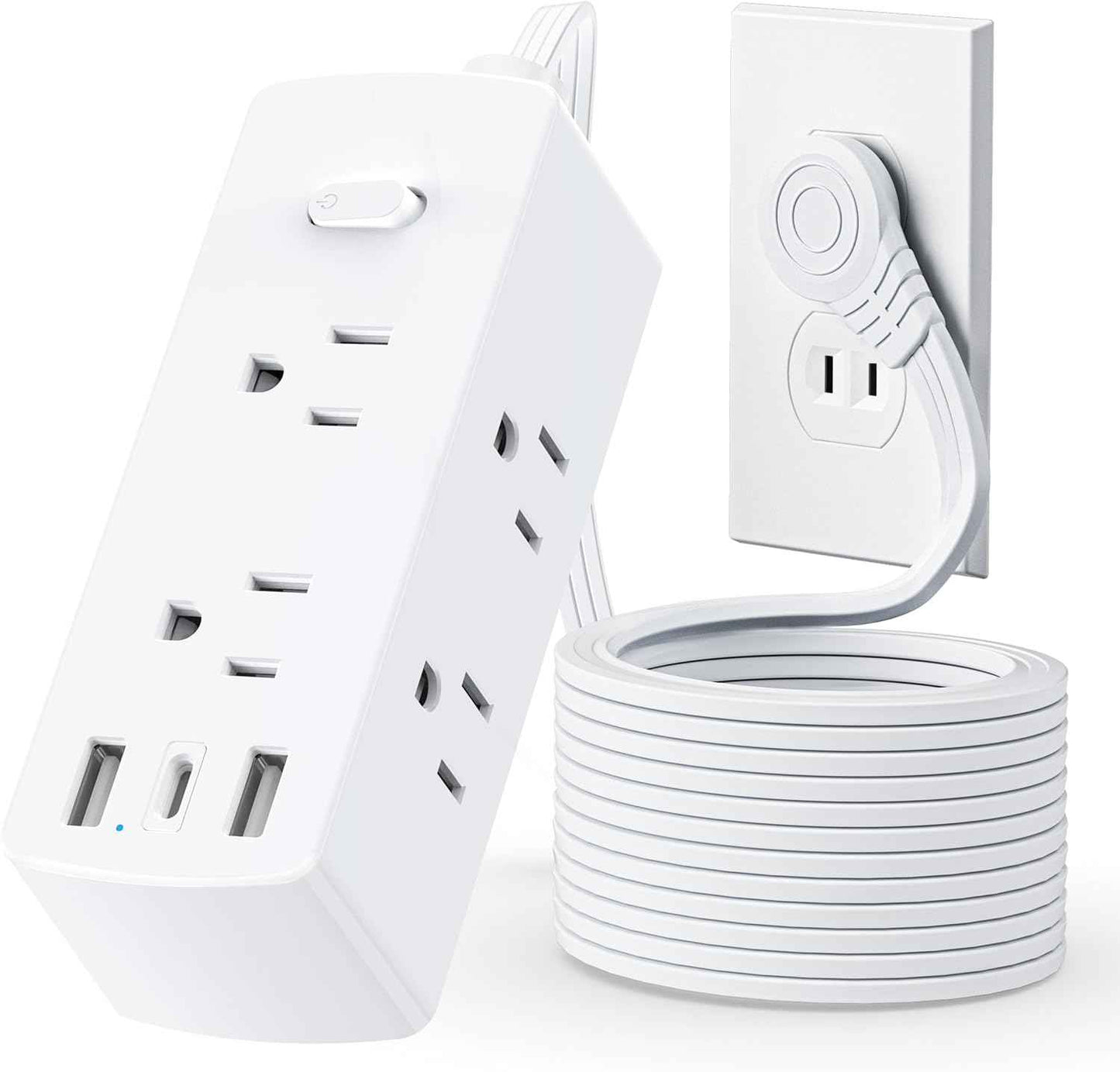 Power Strip Surge Protector, Olcorife Ultra Thin Flat Plug Extension Cord 5ft, 6 Outlets 3 USB Ports(1 USB C), 3 Sided Outlet Extender for Home Office Travel Dorm Room Essentials, White