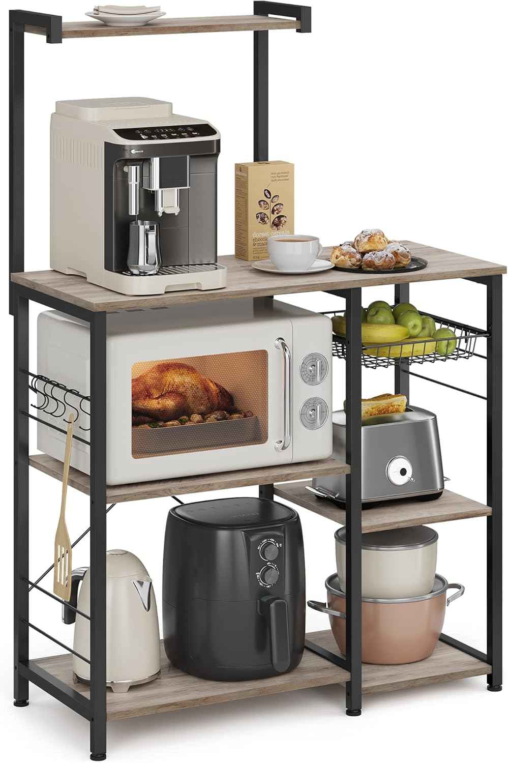 VASAGLE Baker's Rack, Microwave Stand, Kitchen Storage Rack with Wire Basket, 6 Hooks, and Shelves, for Spices, Pots, and Pans, Rustic Brown and Ink Black UKKS35X