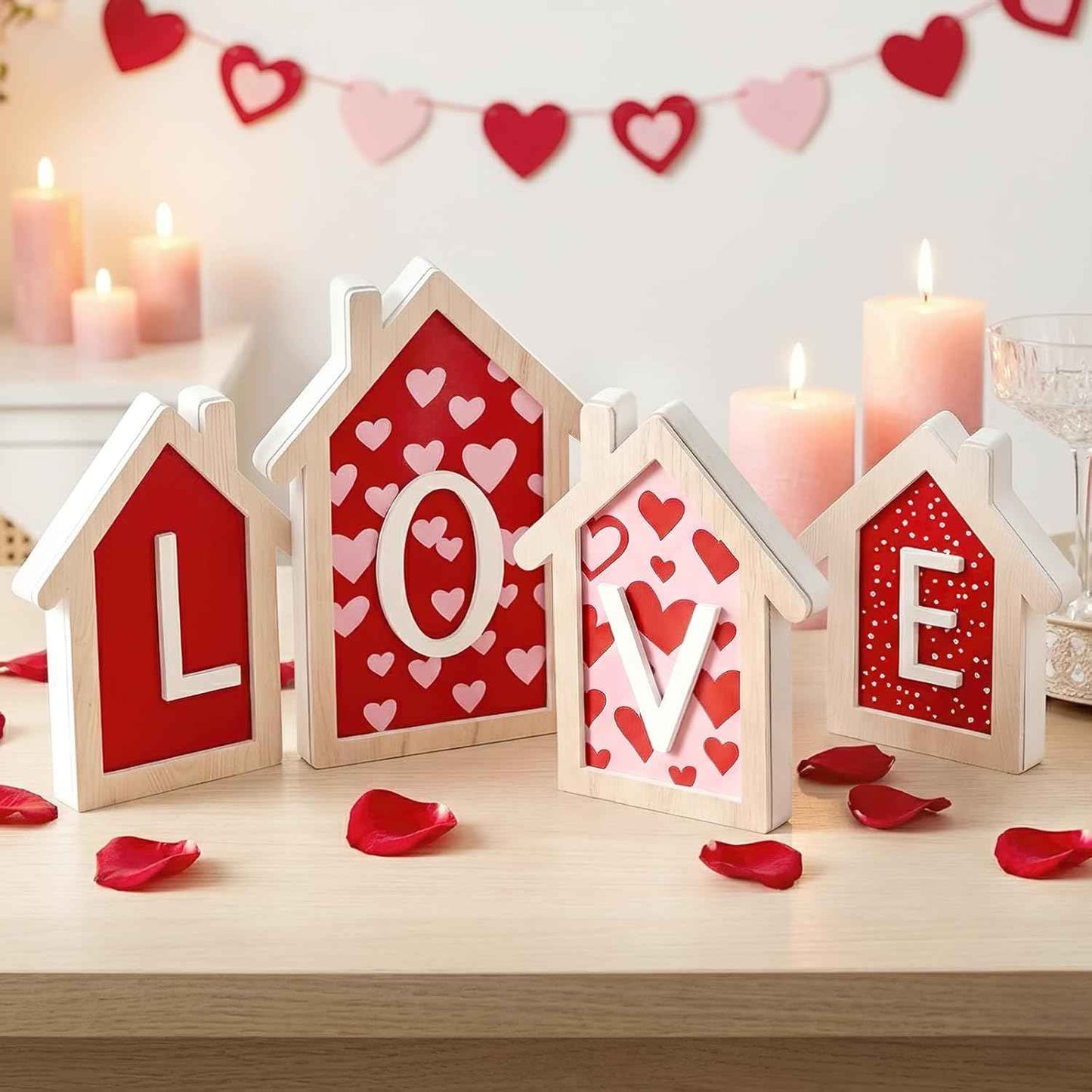Valentines Day Decorations - 4 Pack 3D Design Wooden House Shape Sign, Valentines Day Table Decor, Valentine's Day Decorations for Home Office Tiered Tray Mantel Shelf