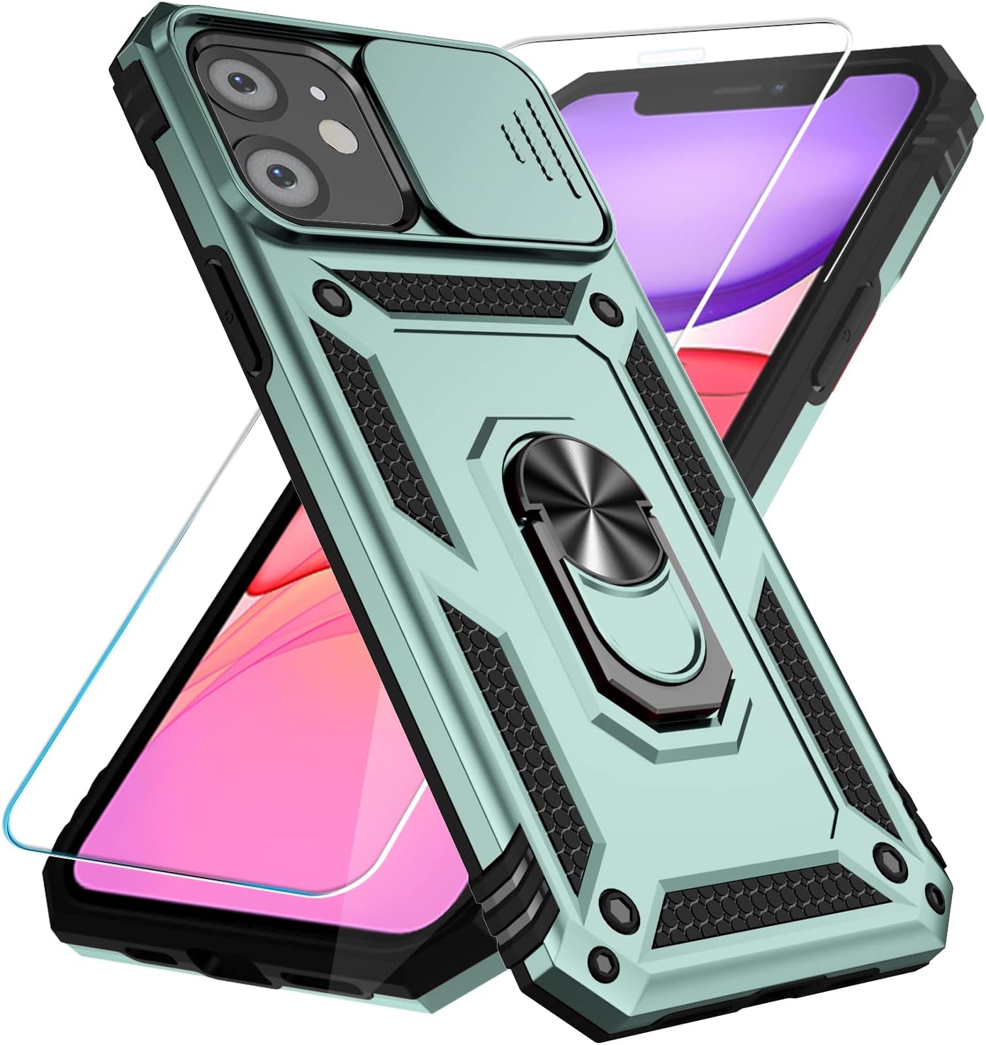 SunStory Phone Case for iPhone 16 6.1" with HD Screen Protector | Slide Camera Cover | Rotated Ring Kickstand | Military-Grade Protection | Red