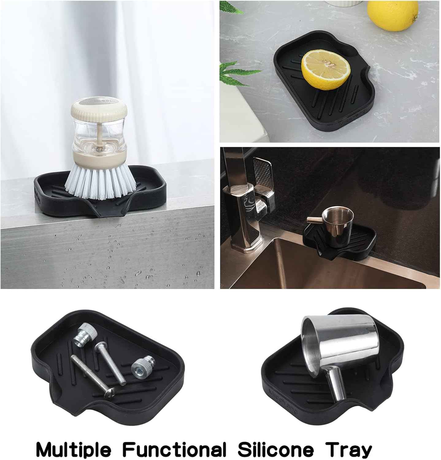 Silicone Bathroom Soap Dishes with Drain Spout-Bathroom and Kitchen Sink Organizer,Sponge Holder,Dish Soap Tray,Perfect for Dispenser,Scrubber,Bottle,Cup on Sink or Counter-Black 4.9"Γ3.2"