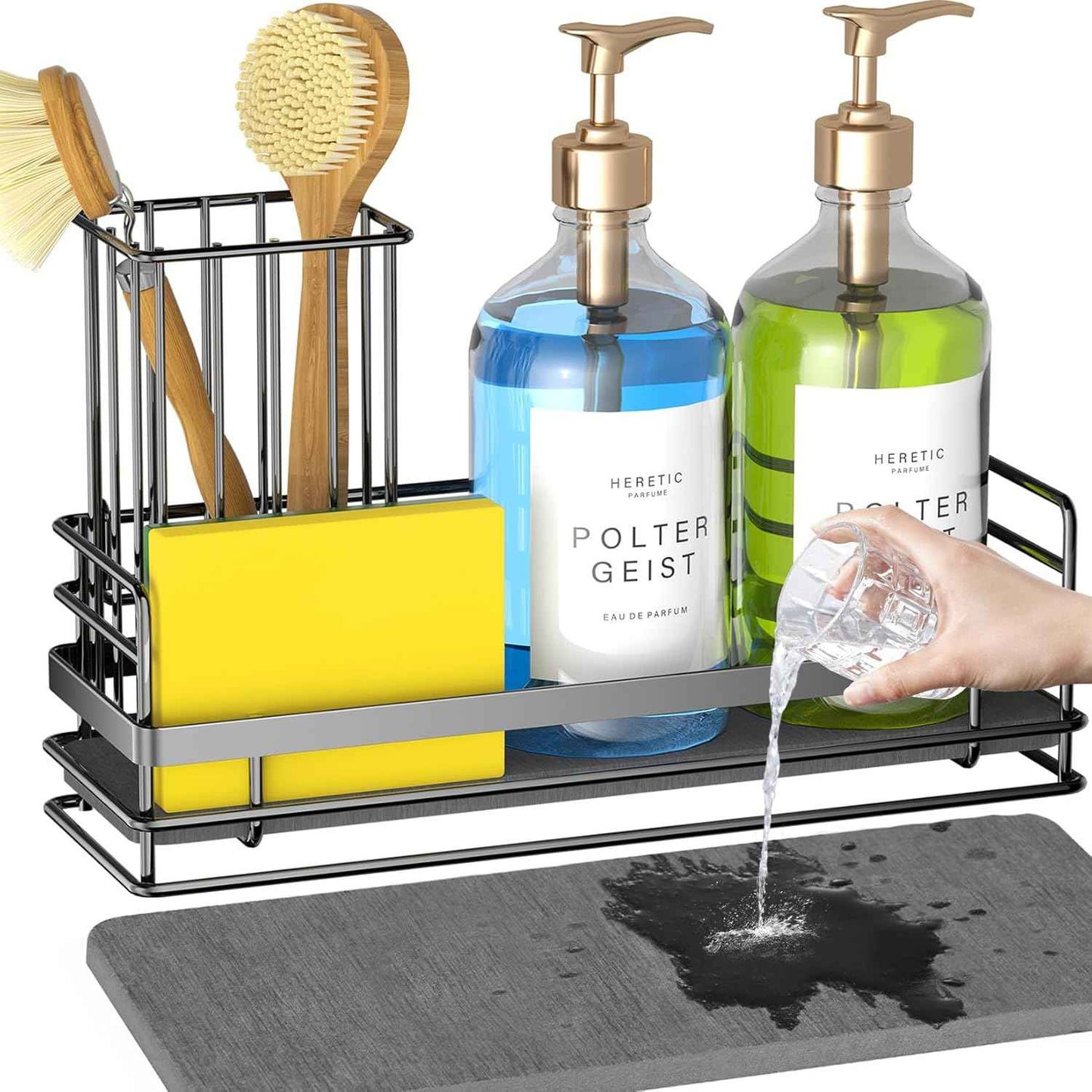 Yofidra Kitchen Sink Caddy: Sink Sponge with Instant Drying Stone, Metal Stainless Steel Dish Sponge Holder Basket for Sponges, Scrubbers, Soap, 9.5" X 5.5" X 5.7" Home Decor Storage and Organization