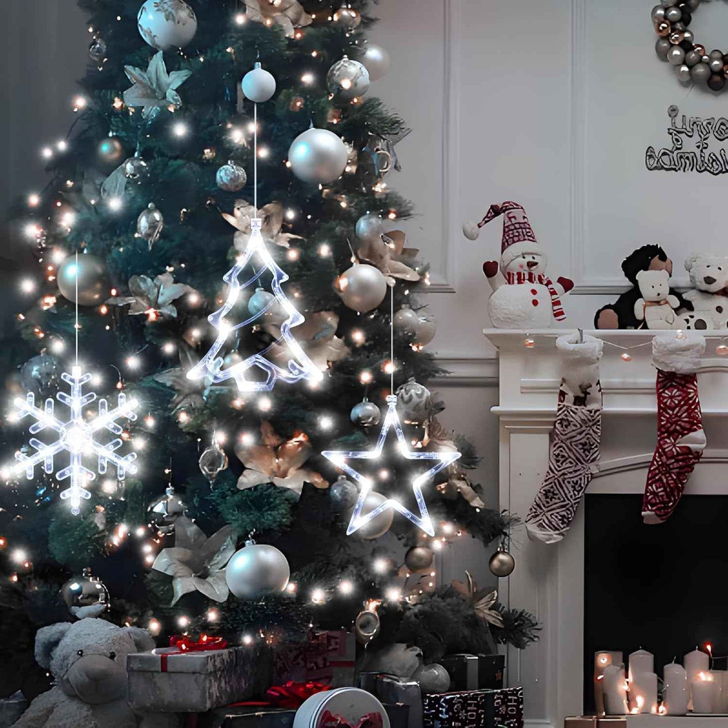 3Pack Christmas Window Lights Decorations with Timer, Battery Powered Hanging White Lighted Snowflake Tree Star Shaped LED Sucker for Xmas Tree Fireplace Indoor Decor