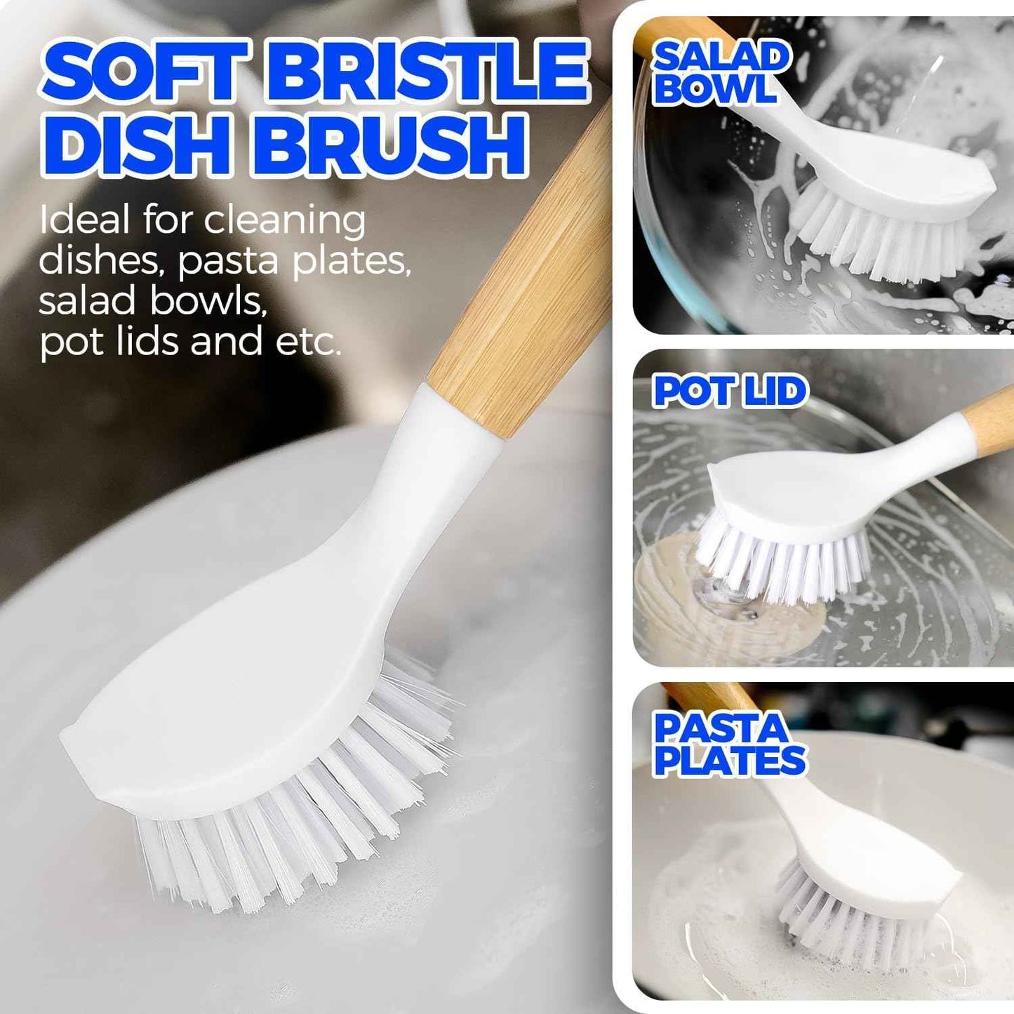 Holikme 3 Pack Dish Brush Set with Bamboo Handle, Kitchen Brushes for Cleaning Pot, Sink and Stove, Skillet Scrubber with Tough Bristles for Cast Iron Grill Pan, Yellow White Black