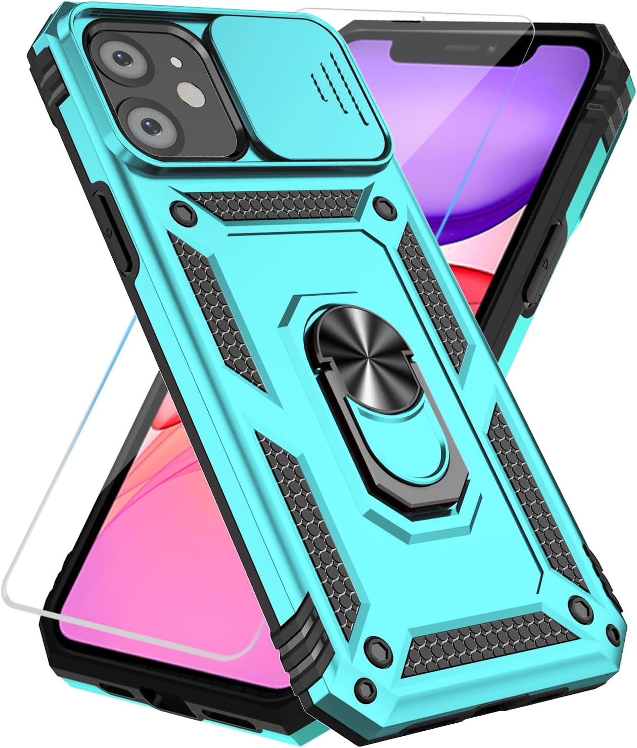SunStory Phone Case for iPhone 16 6.1" with HD Screen Protector | Slide Camera Cover | Rotated Ring Kickstand | Military-Grade Protection | Red