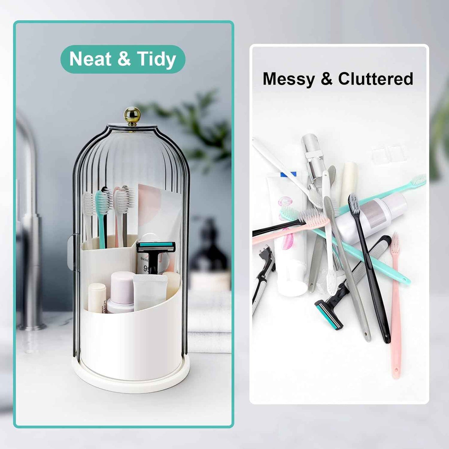 Toothbrush Holders with Sliding Lid, Rotating 3 Slots Bathroom Organizer Countertop, Tooth Brush Toothpaste Holder Bathroom Counter Stand Sink Organizer Caddy for Vanity Makeup Brushes Holder