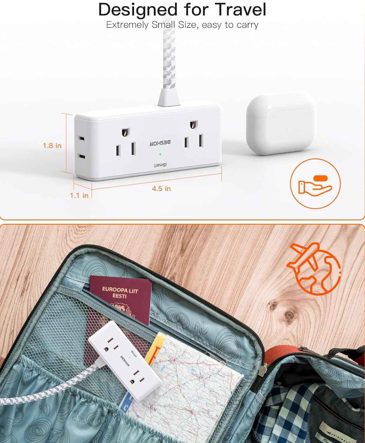 Flat Extension Cord 6 feet, Flat Plug Power Strip, 4 Widely Outlets with 3 USB Ports (2 USB C), 3 Side Outlet Extender with Extension Cord with Multiple Outlets for Home, Office, Dorm Room Essentials