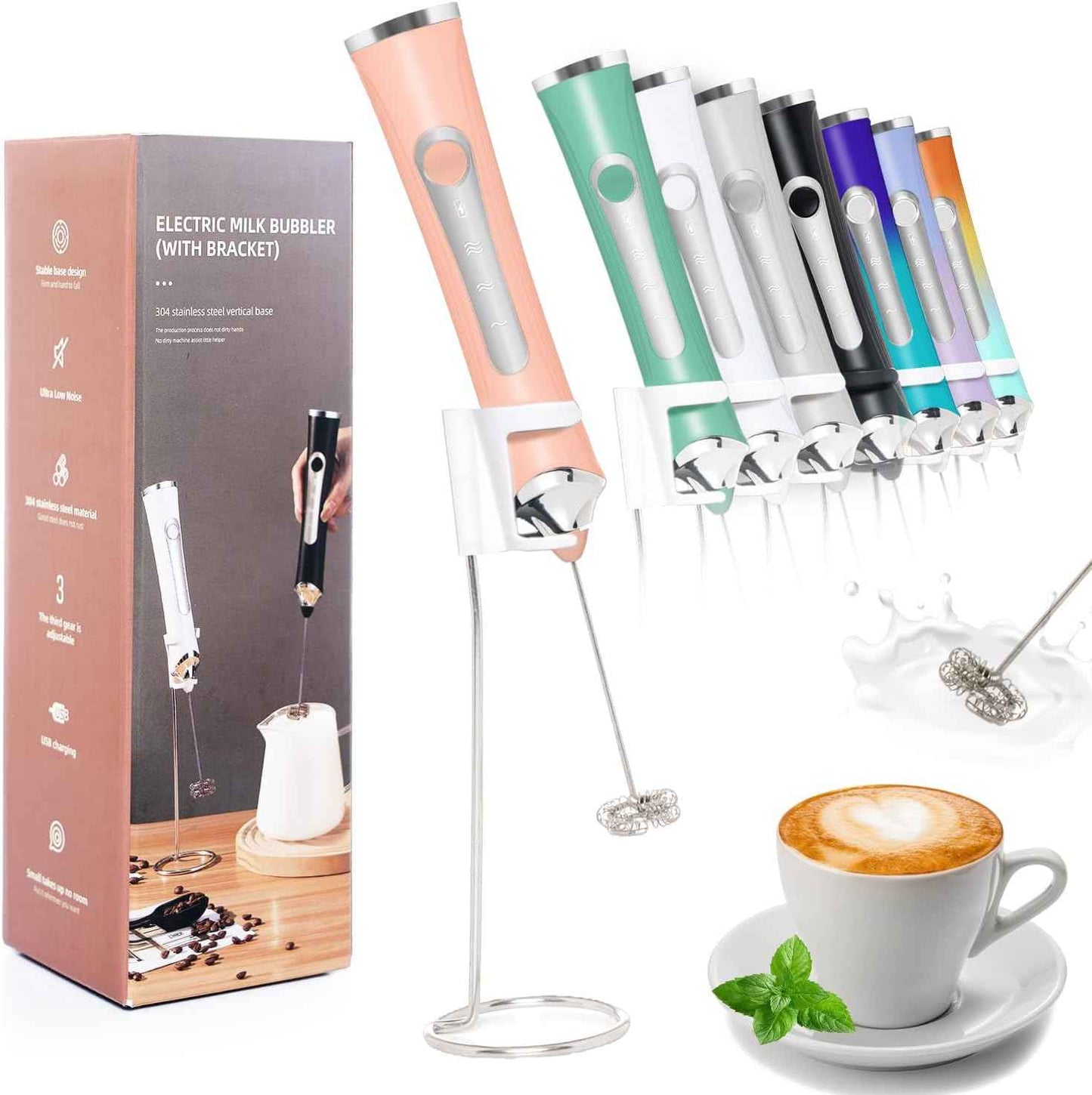 Rechargeable Milk Frother Handheld For Coffee,3 Speeds Frother Wand With Stand, Batidora De Mano Electrica,Coffee Frother With 2 Heads,Drink Mixer Electric Handheld,Kitchen Essentials(Black)