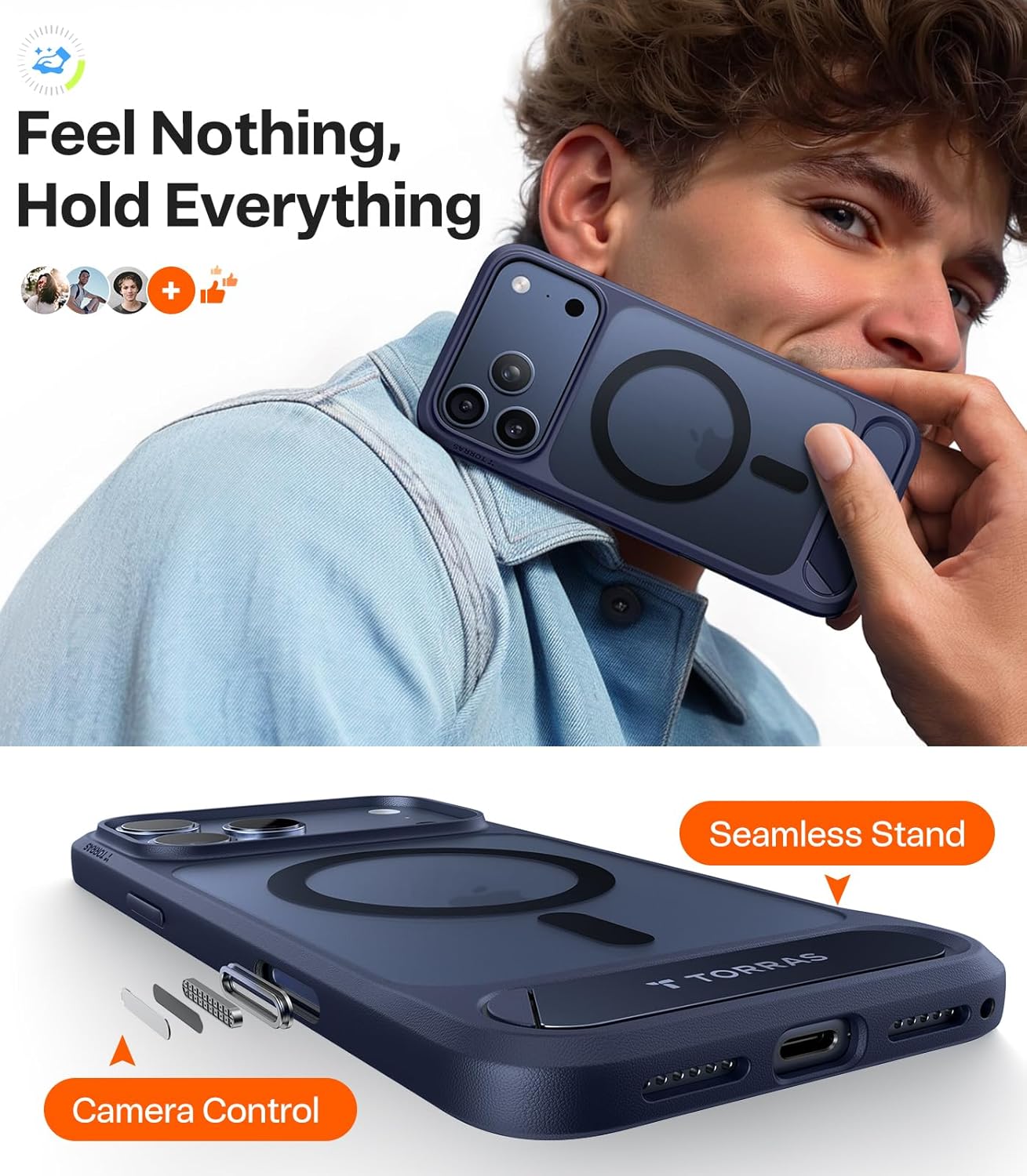 TORRAS Strong Magnetic & Seamless Stand for iPhone 17 Pro Max Case, Fit for MagSafe, Military Grade Drop Protection, Adjustable Kickstand Slim for iPhone 17 Pro Max Case Translucent Matte Deep Blue - Rayz Mart