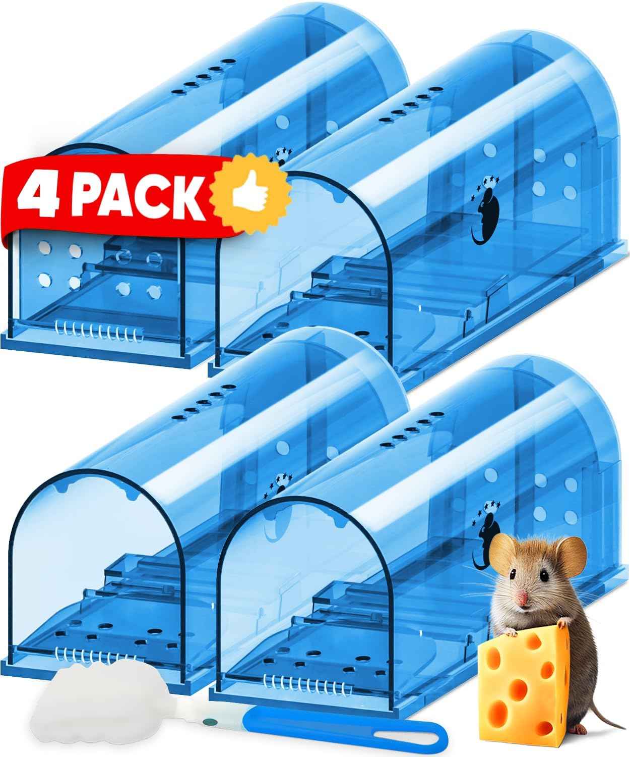 Motel Mouse Humane No Kill Live Catch and Release Mouse Traps, Reusable with Cleaning Brush - 4 Pack