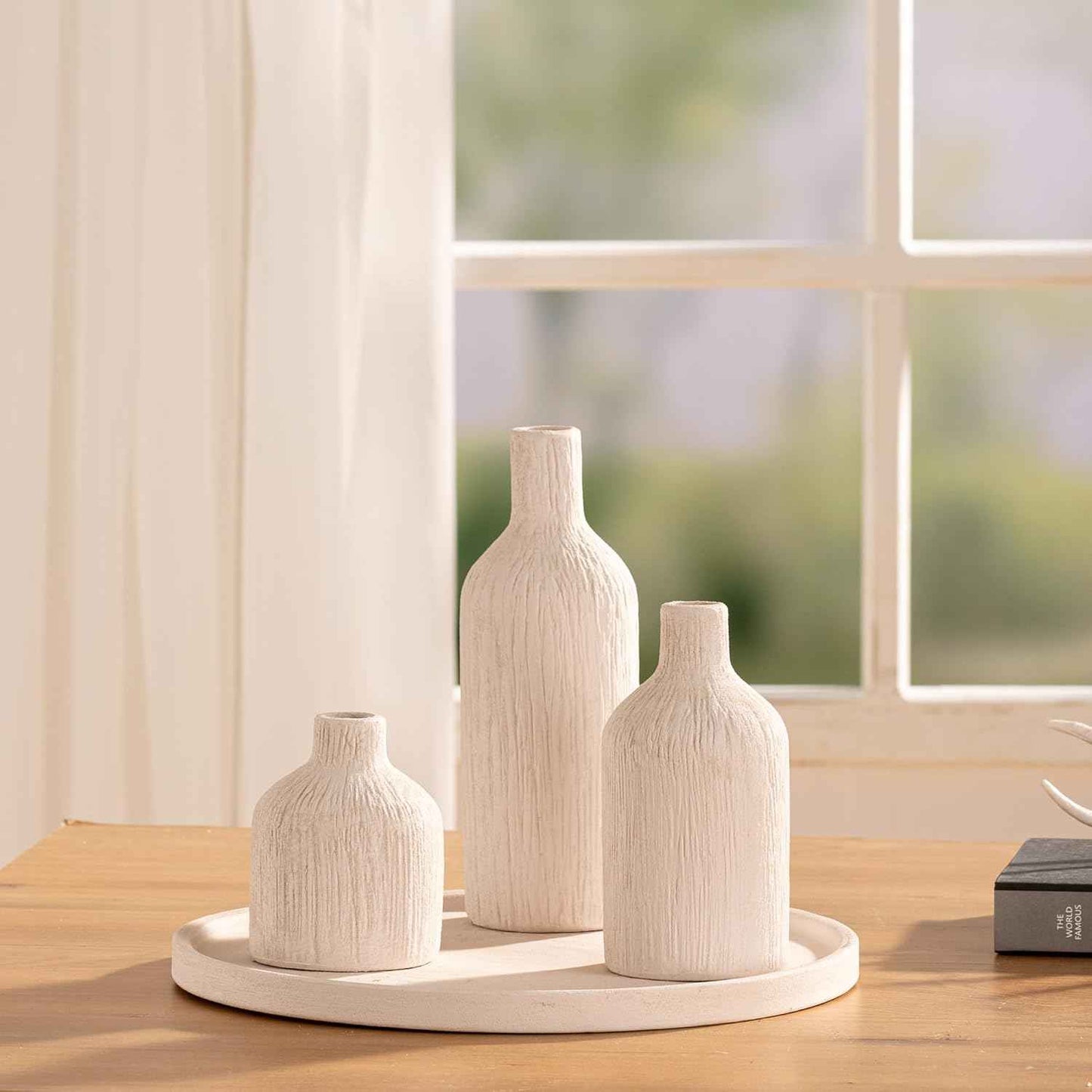 Ceramic Vase Home Table Decor - White Flower Vase Set of 3 Living Room Kitchen Decorations Farmhouse Modern Rustic Vases Decorative Centerpiece for Shelf Bedroom Office Bathroom Dining Coffee Desk