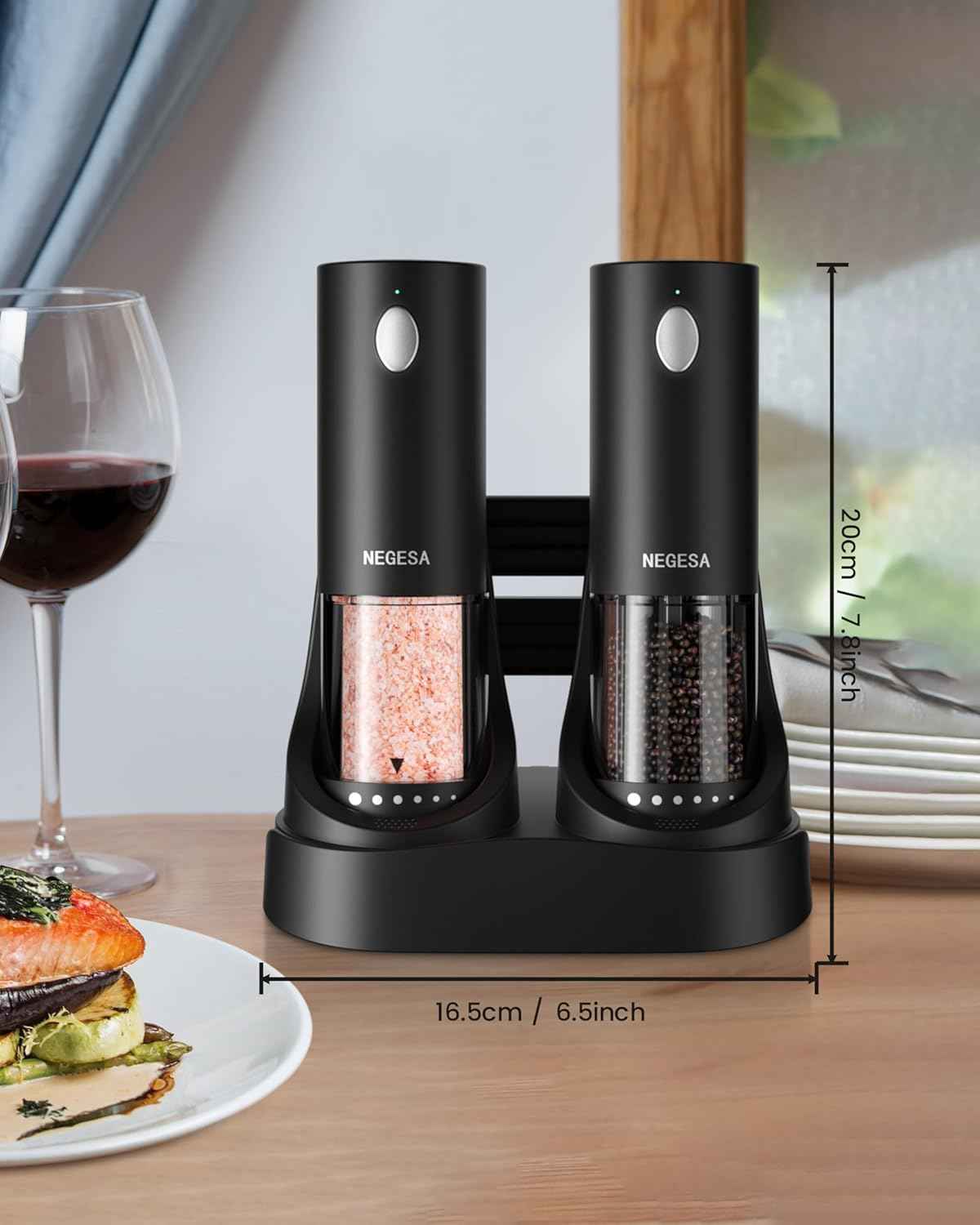 Electric Salt and Pepper Grinder Set with Rechargeable Base - Automatic Refillable Electric Salt and Pepper Shakers with Large Capacity, LED Light & Adjustable Coarseness, Black