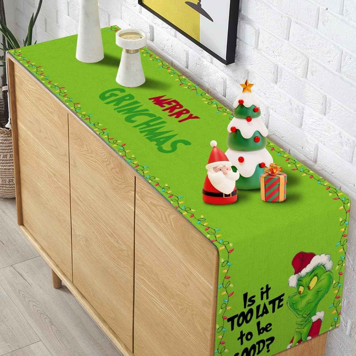 Merry Christmas Table Runner Green Xmas Buffalo Plaid Check Winter Holiday Party Decoration Fireplace Kitchen Dinning Home Decor 72Inches Long