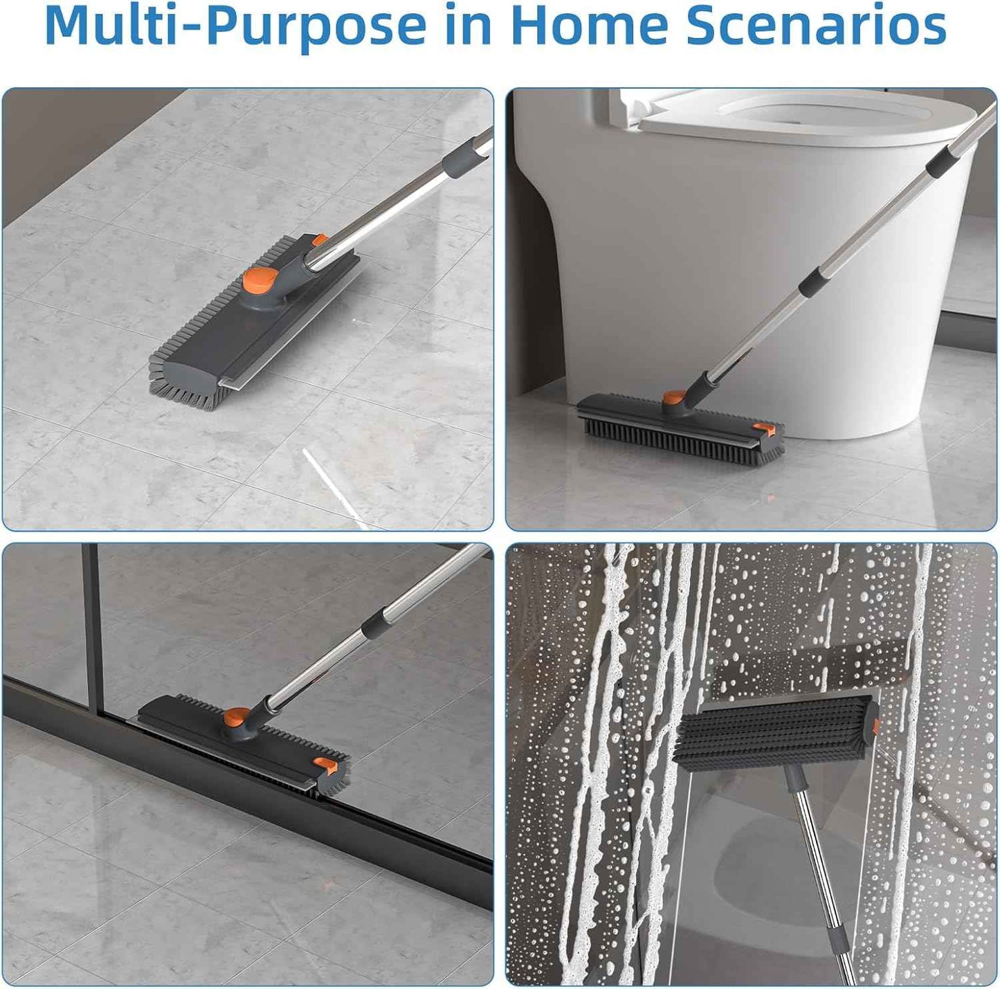 Scrub Brush with Long Handle, Floor Scrub Brush Squeegee Broom for Cleaning, 3 in 1 Shower Scrubber Floor Broom Squeegee for Concrete Tile Wall Deck Patio Grey