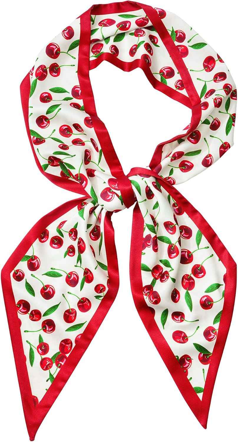 Mesovor Cherry Head Scarf Hair Neck Scarves for Women, Fashion Purse Bag Scarfs | Long Thin Satin Headscarf Headbands